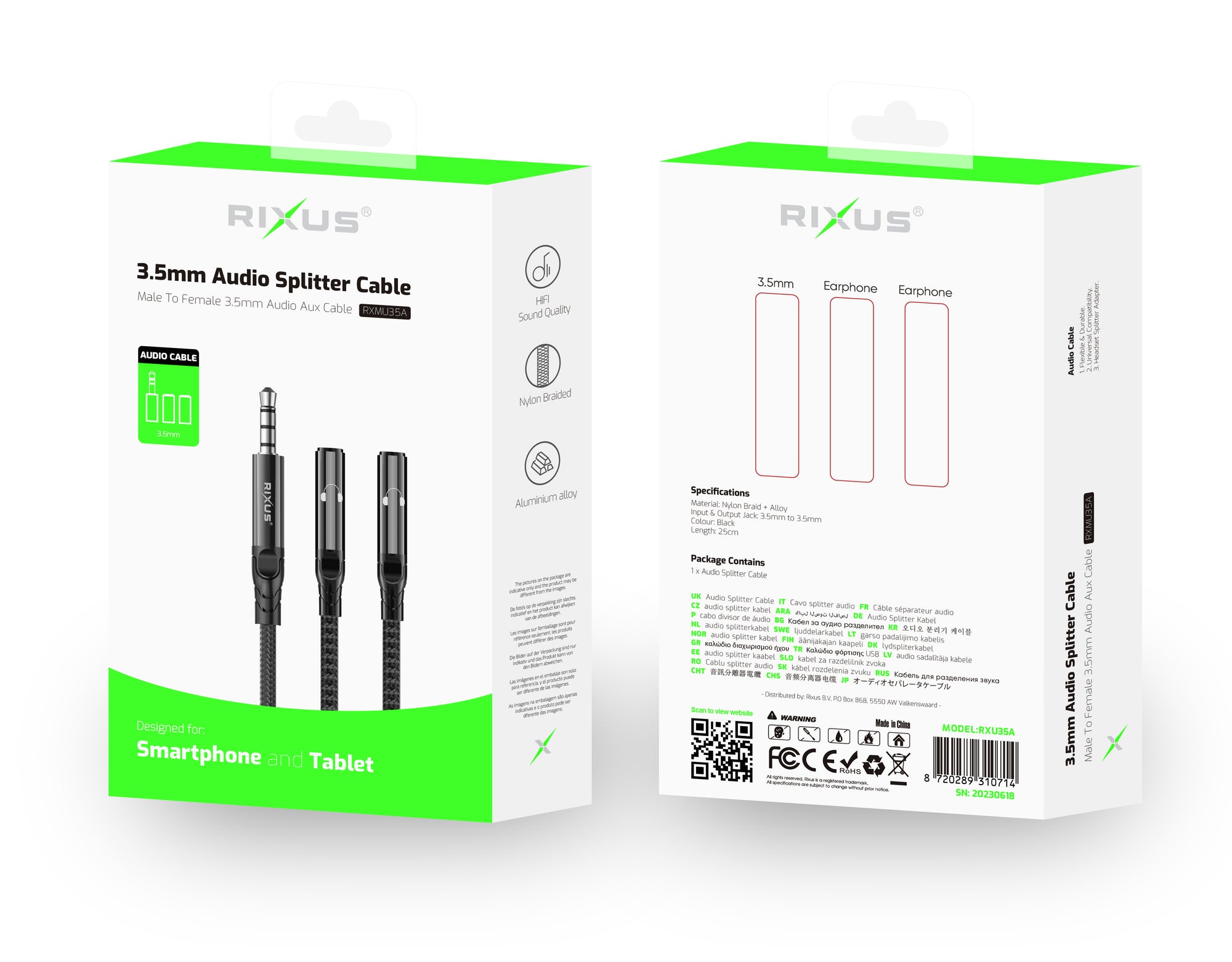 Rixus RXMU35A 3.5mm Klinke Separate Headsets Splitter Adapter 30cm Schwarz