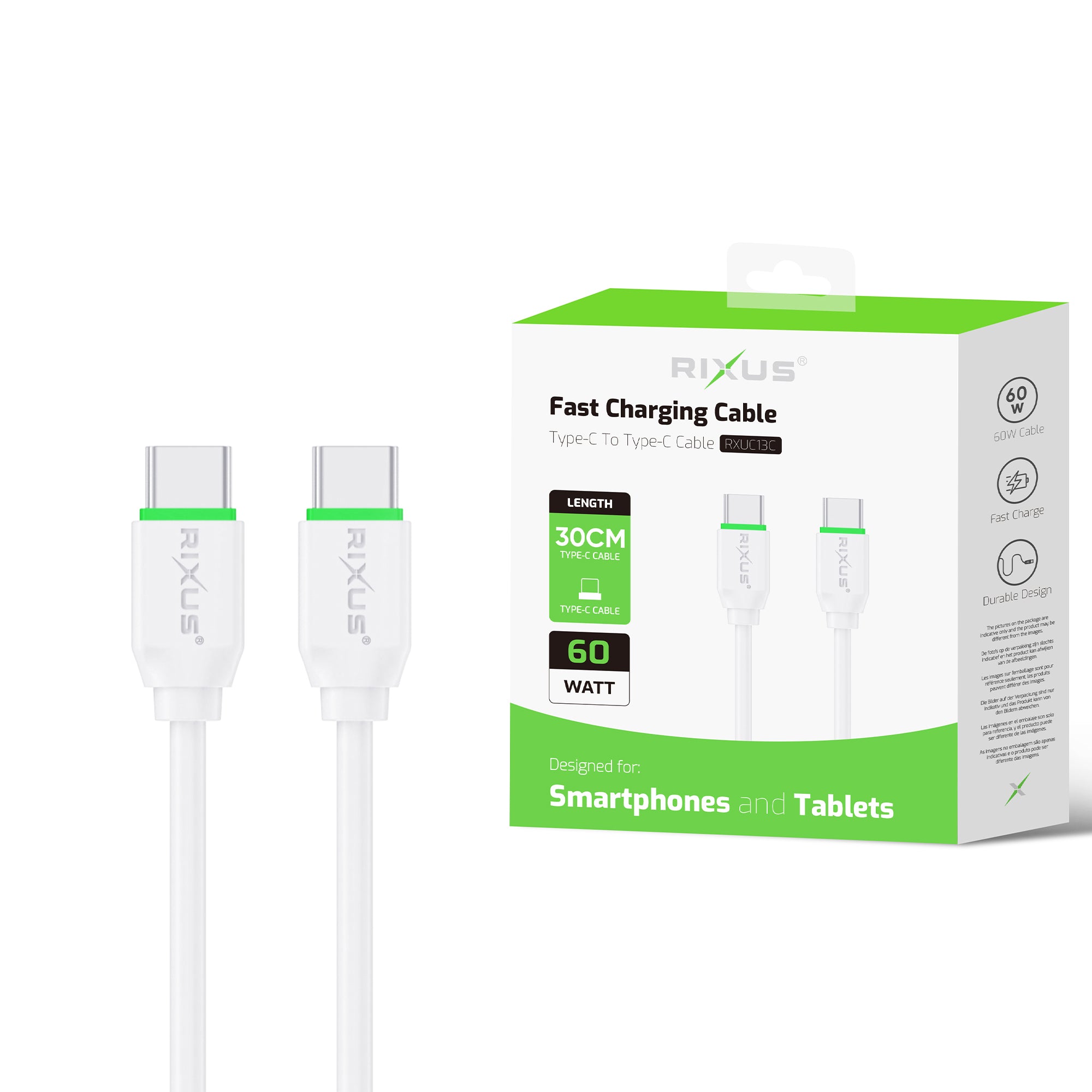 Rixus RXUC13C Schnellladekabel USB-C zu USB-C 30cm Weiß