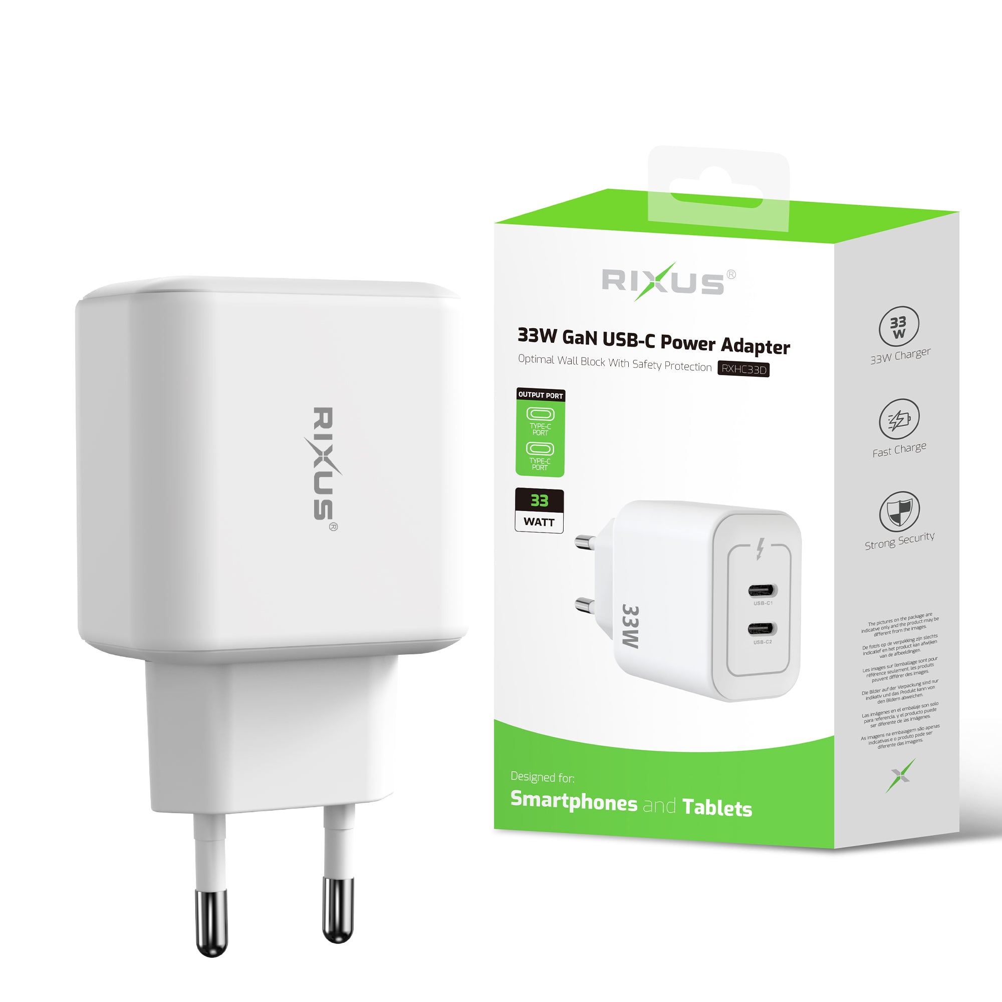 Rixus RXHC33D GaN Double USB-C Power Adapter 33W Weiß