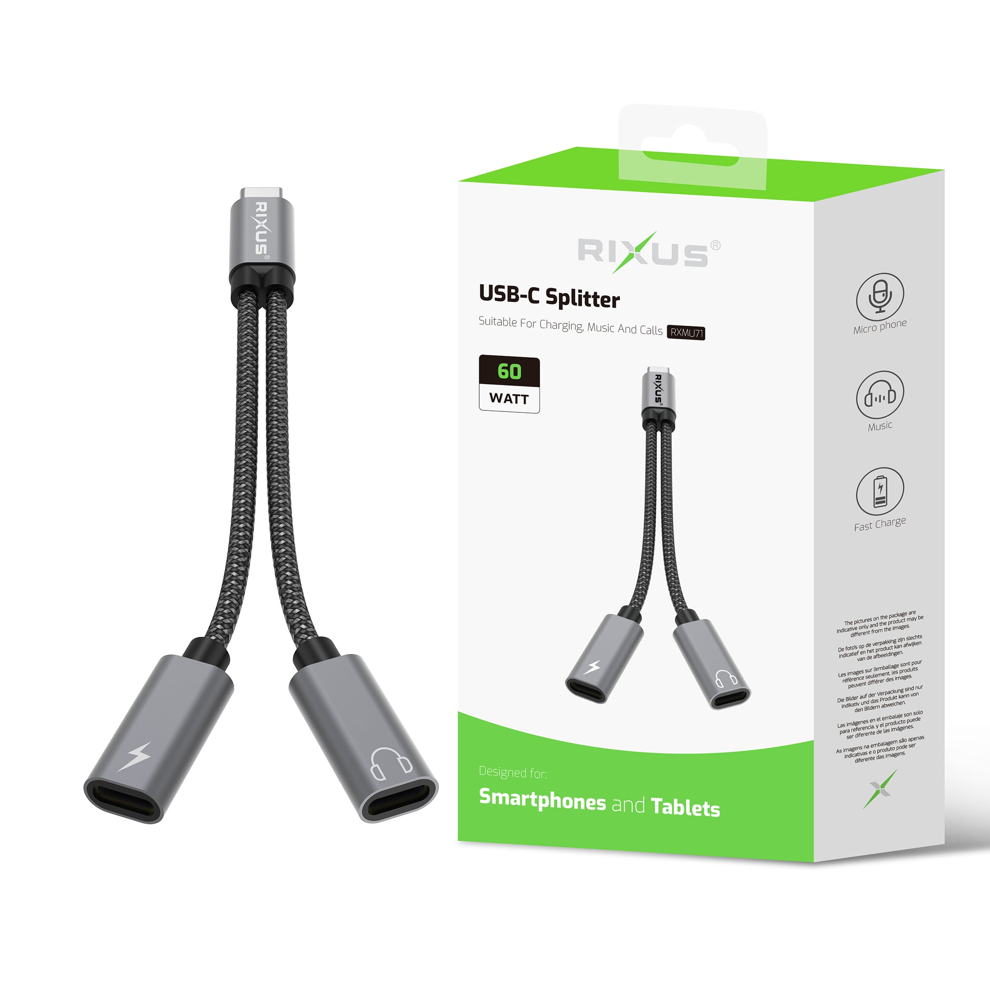 Rixus RXMU71 USB-C-Splitter 15 cm Space Grau