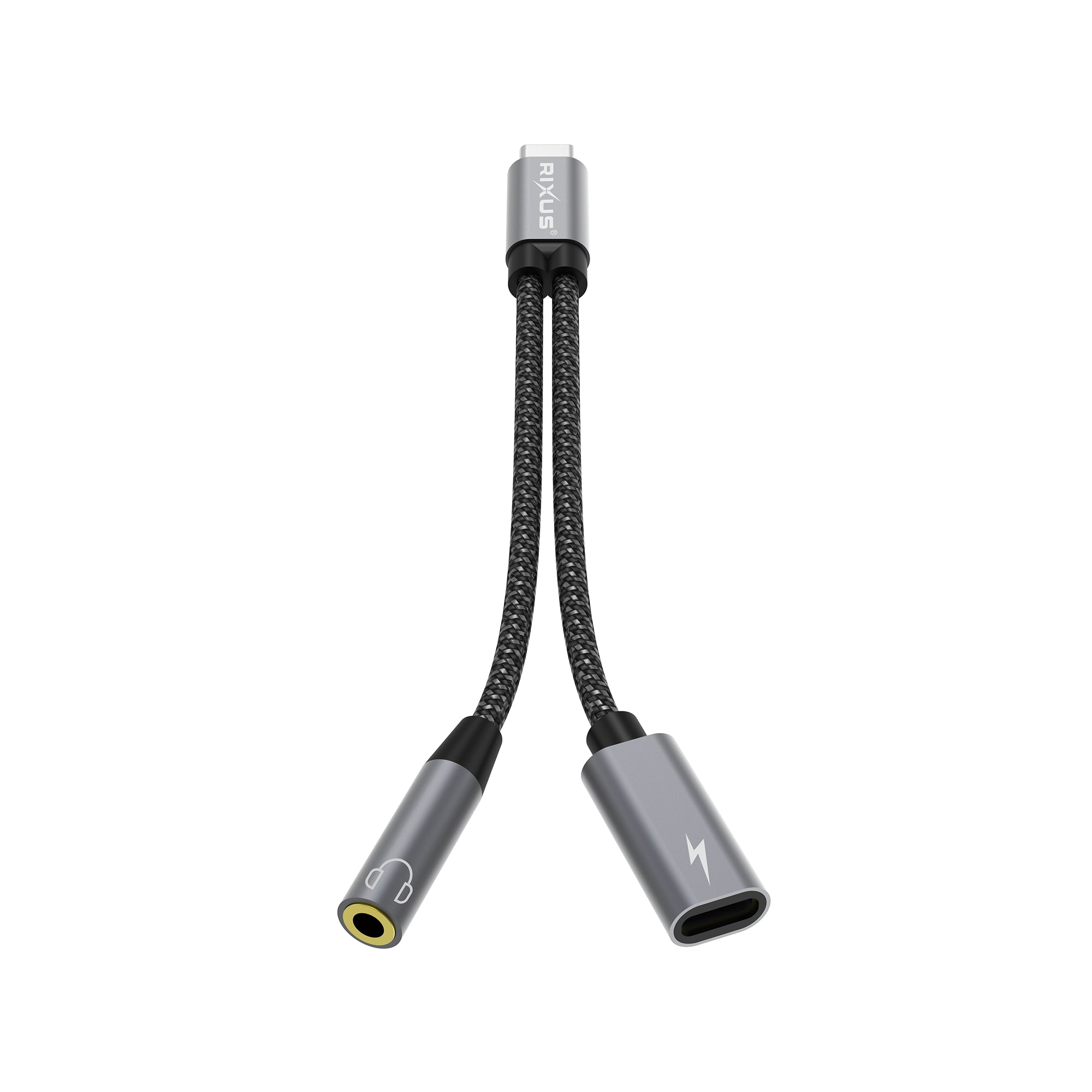 Rixus RXMU72 USB-C-zu-USB-C- und 3,5-mm-Aux-Splitter, 15 cm, Space Grau
