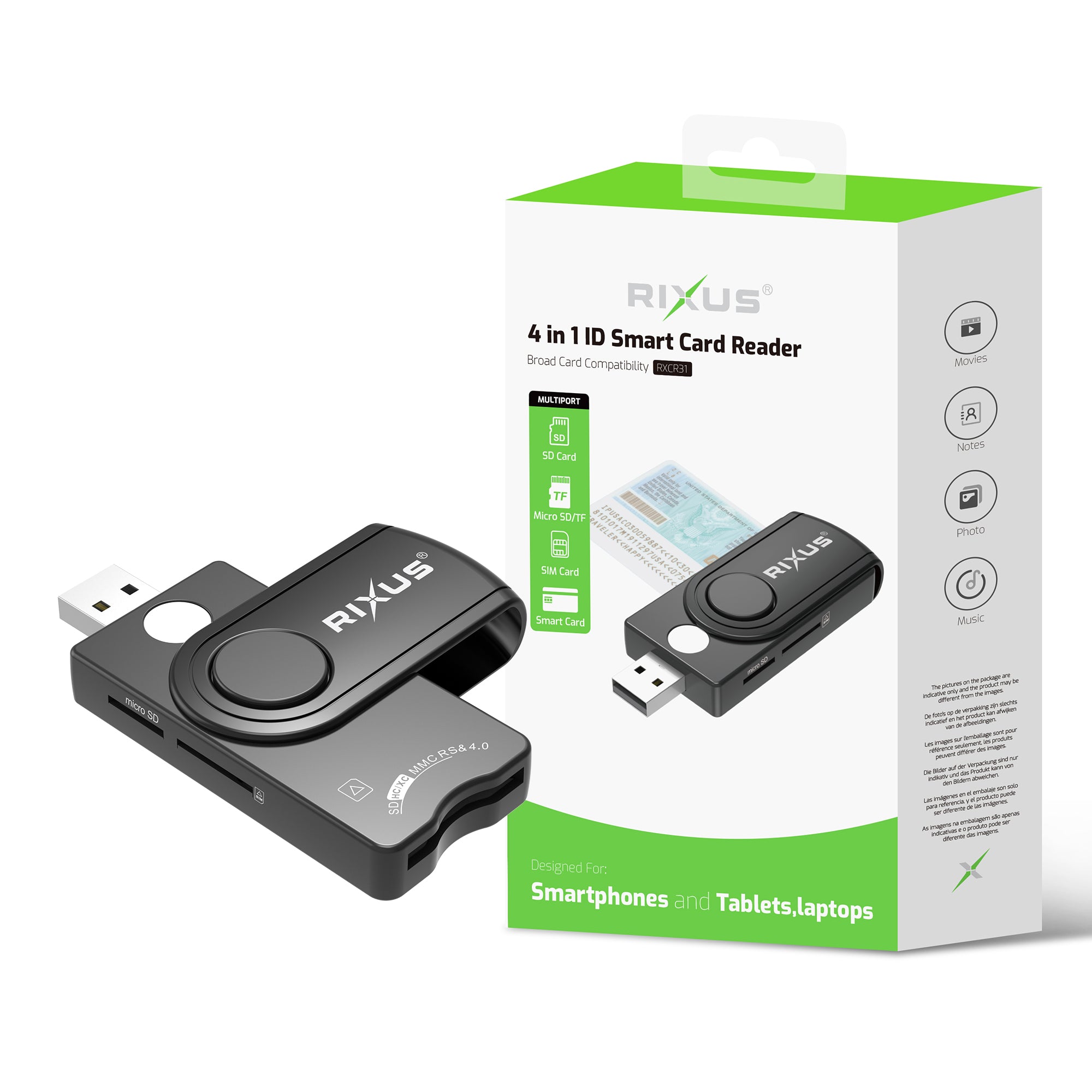 Rixus RXCR31 4-in-1-ID-Smartcard-Lesegerät, schwarz