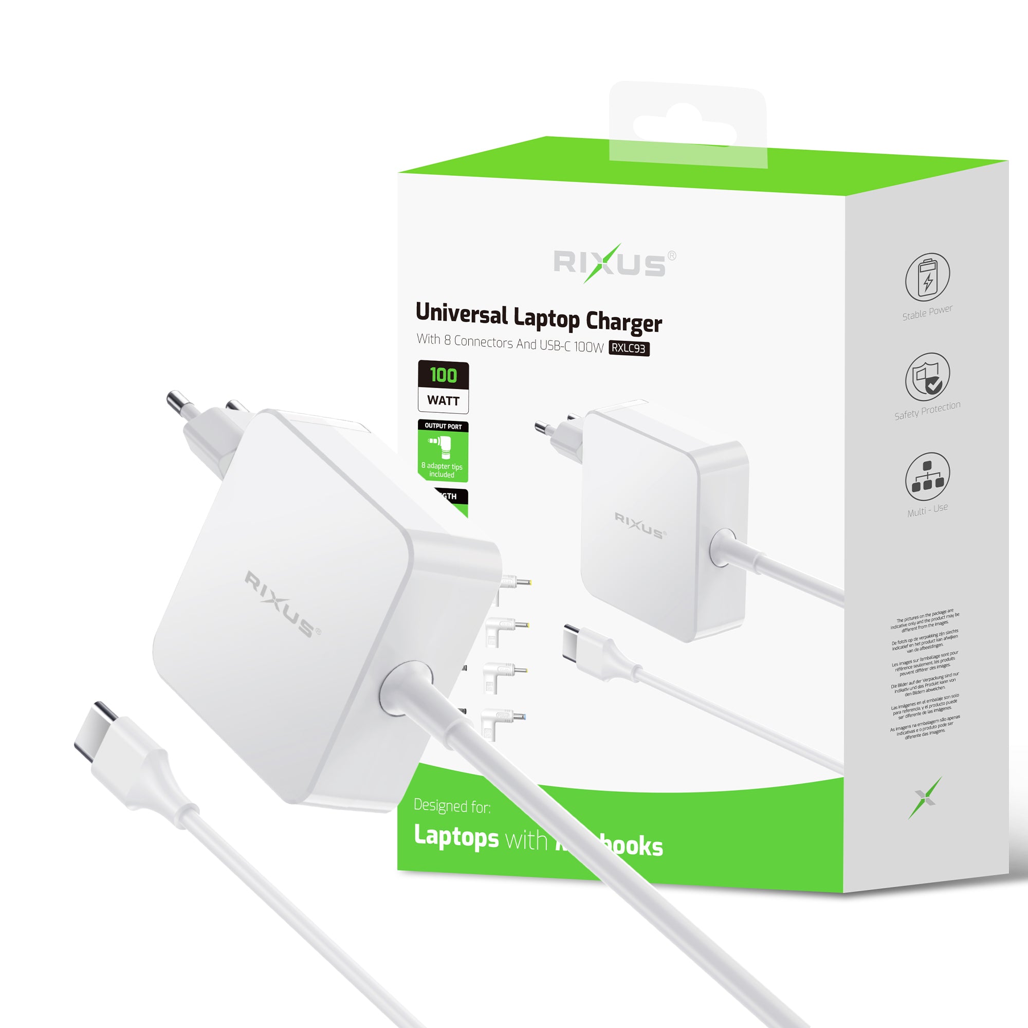 Rixus RXLC93 Universal-Laptop-Ladegerät 100 W, 8 Anschlüsse, weiß