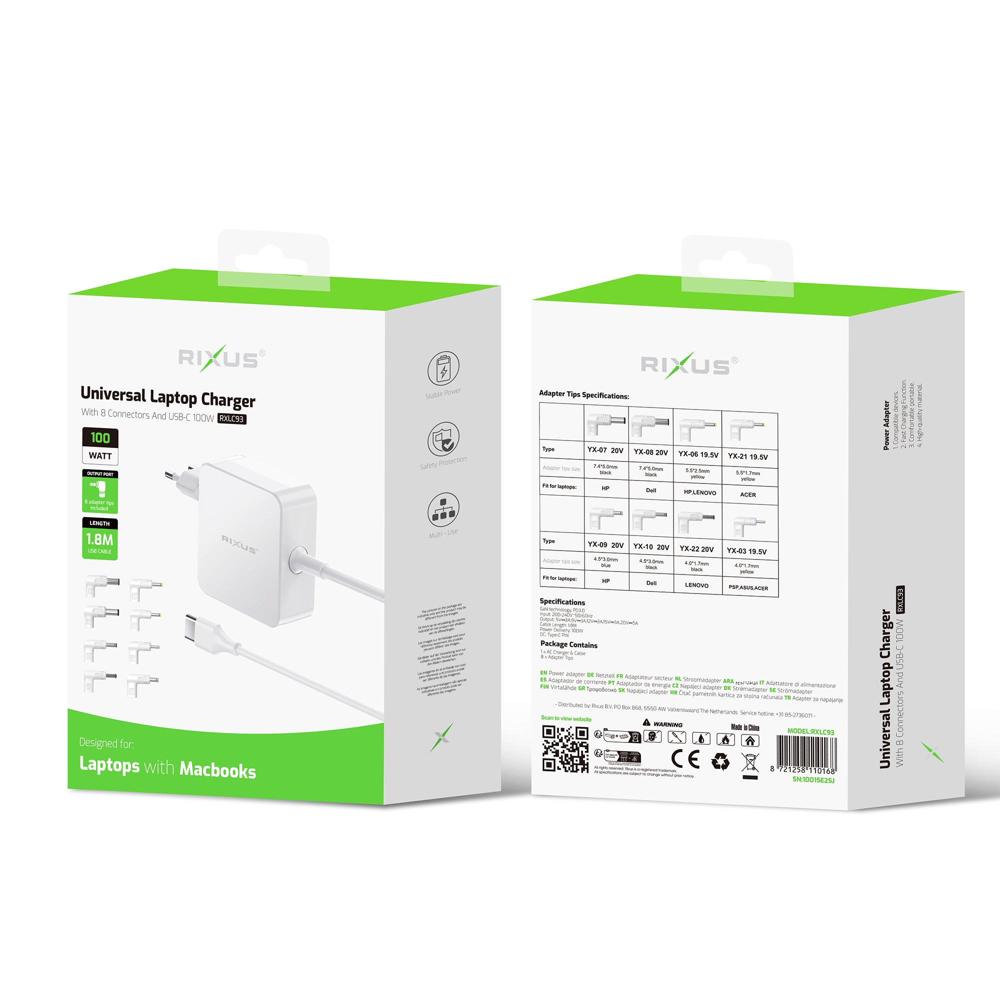 Rixus RXLC93 Universal-Laptop-Ladegerät 100 W, 8 Anschlüsse, weiß