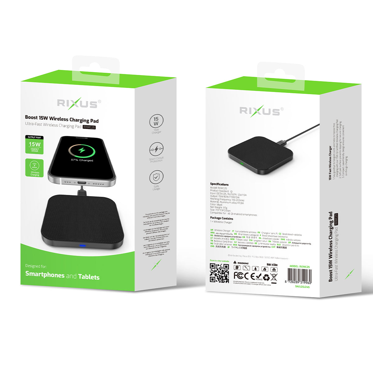 Rixus RXWC25 Boost 15W Wireless Charging Pad Schwarz
