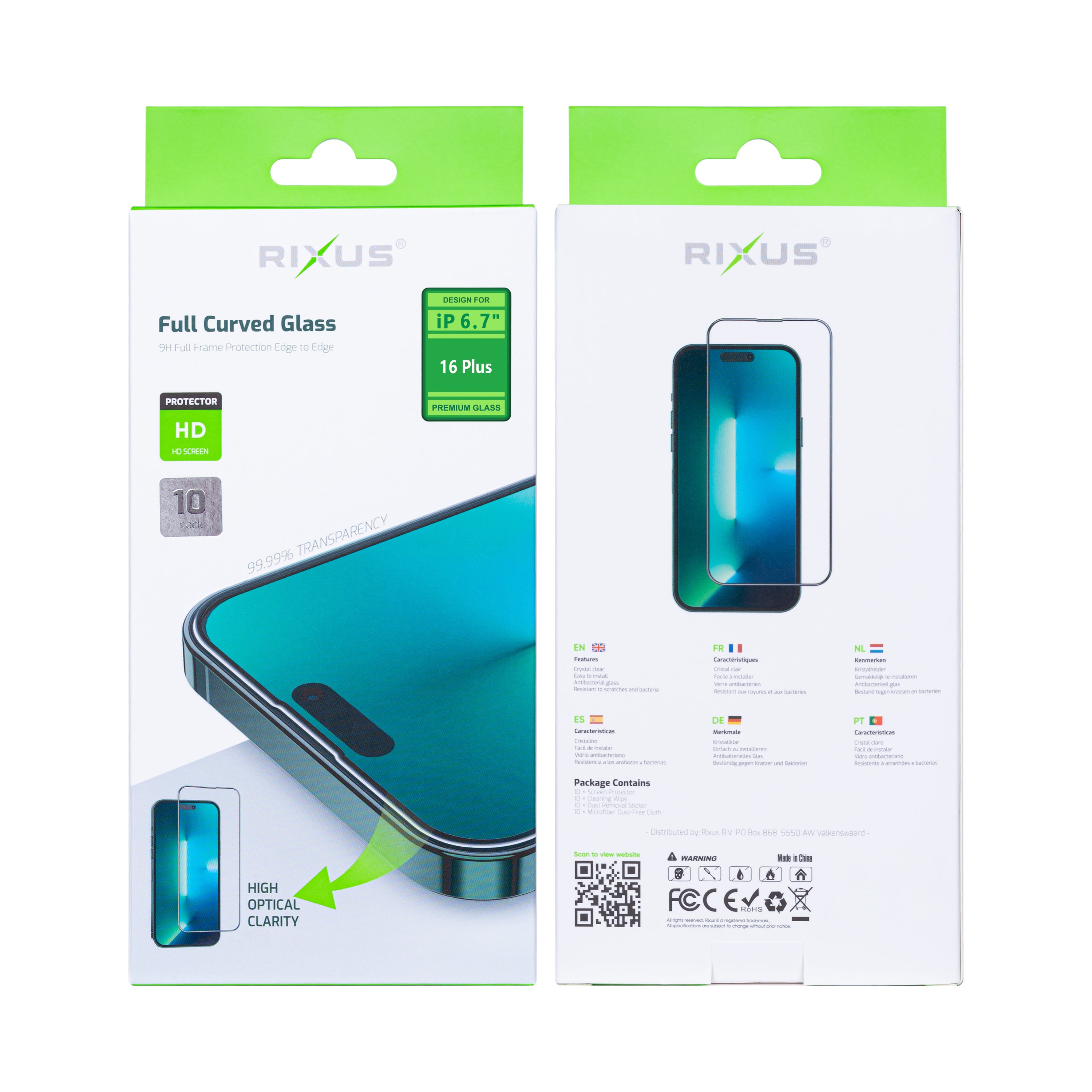Rixus Clear HD Full Curved Edge gehärtetes Glas For Apple iPhone 16 Plus (10er-Pack)
