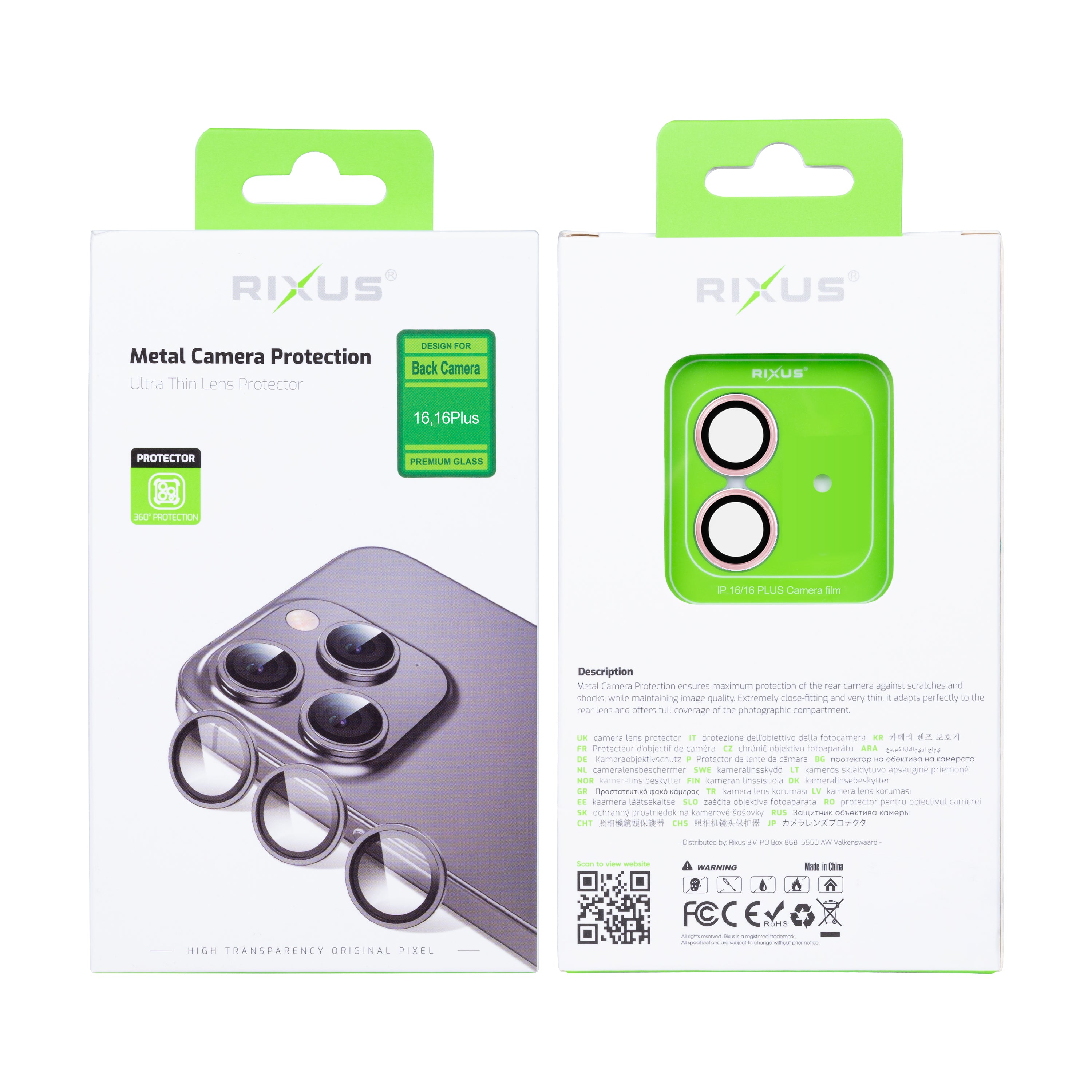 Rixus Metal Shield Kamera gehärtetes Glas For Apple iPhone 16, 16 Plus, 17 Rosa