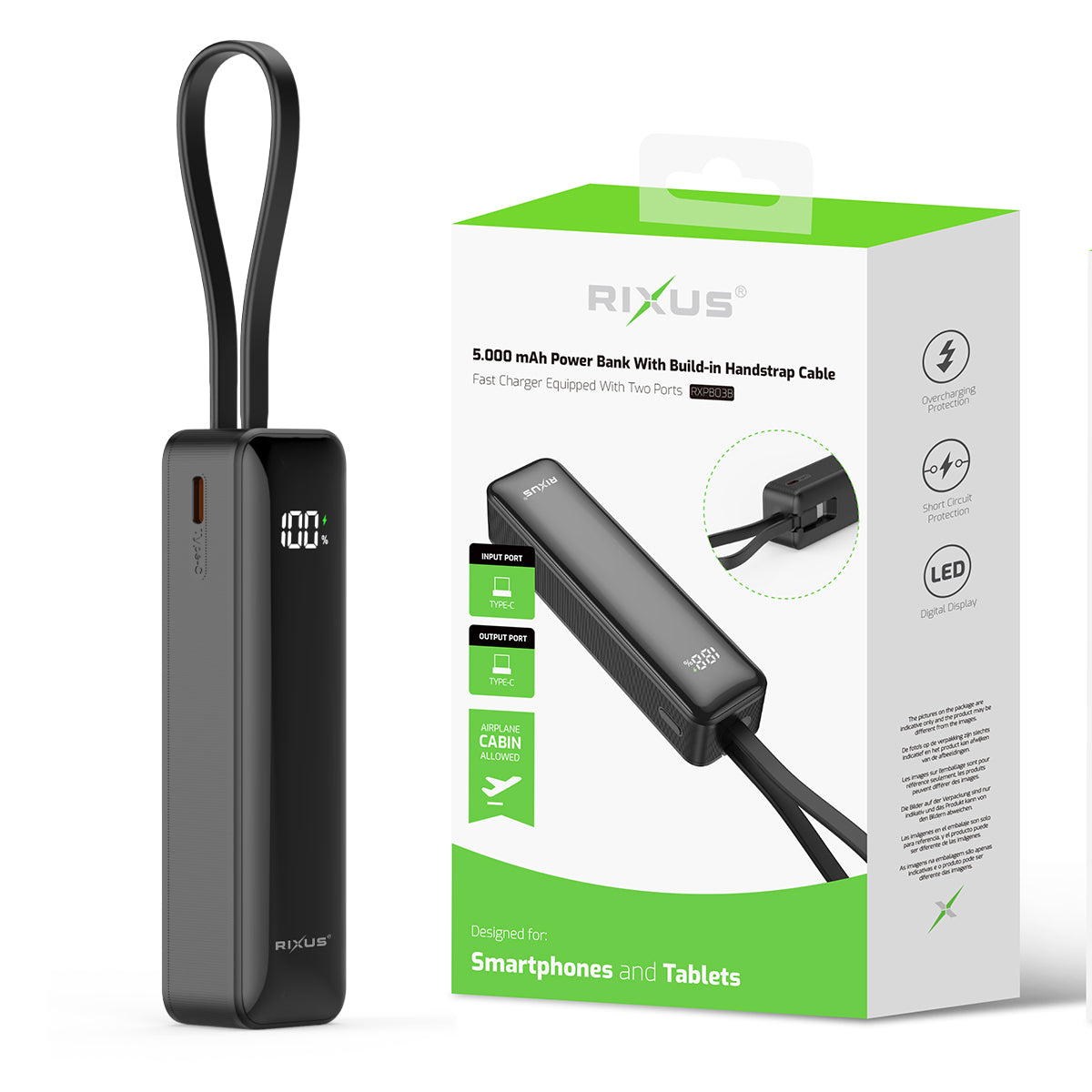 Rixus RXPB03B Powerbank mit Digitalanzeige, 5000 mAh, mit integriertem USB-C-Kabel, schwarz