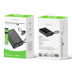 Rixus RXPB02B Powerbank mit Digitalanzeige, 20000 mAh, mit integriertem USB-C-Kabel, schwarz