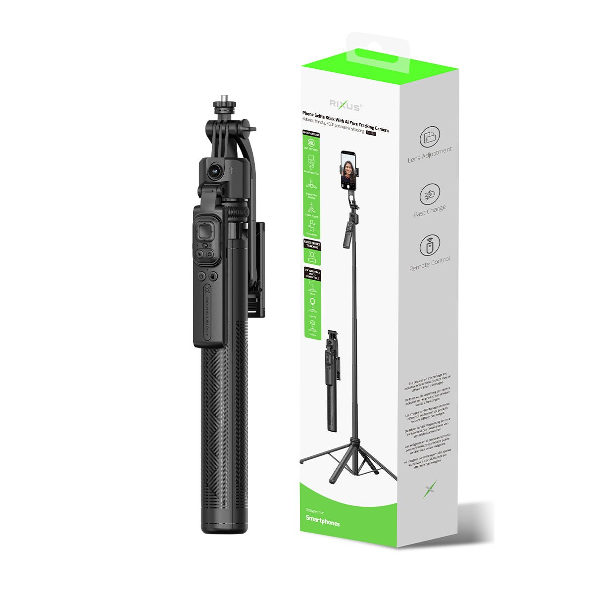Rixus RXSF55 Telefon Selfie Stick mit AI Face Tracking Kamera Schwarz