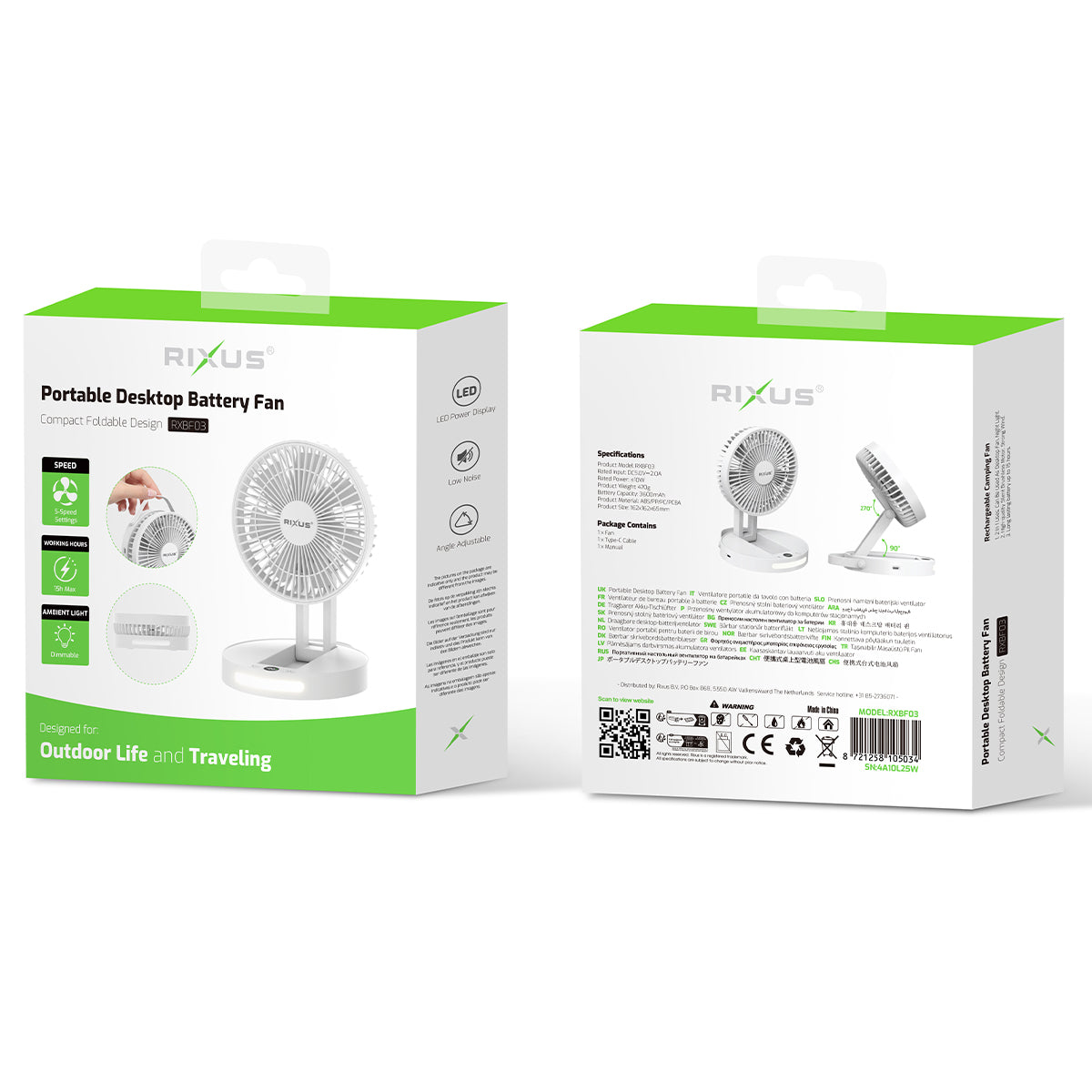 Rixus RXBF03 Tragbarer Akku-Desktop-Ventilator Weiß