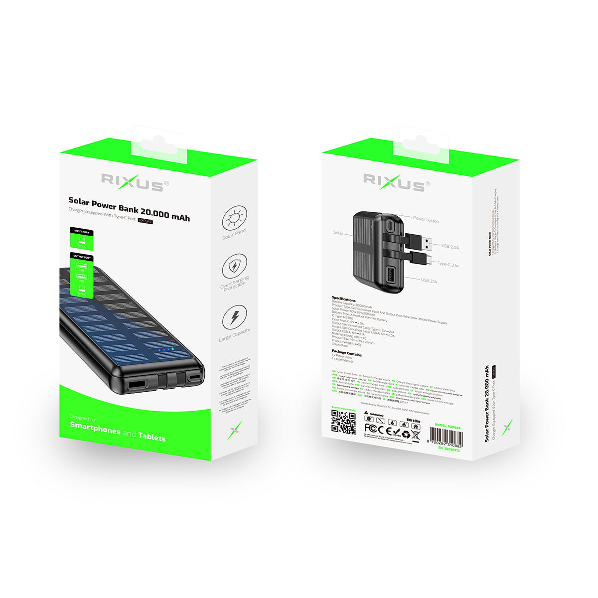 Rixus RXPB47 Solar Powerbank 20000 mAh mit eingebauten Kabeln Schwarz