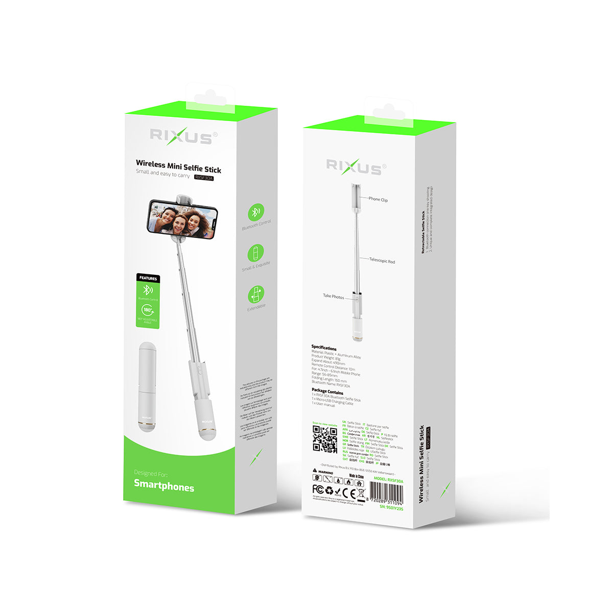 Rixus RXSF30A Mini Integrierter Selfie Stick Bluetooth Weiß