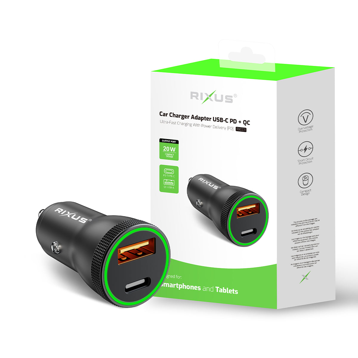 Rixus RXCC11 USB-C PD+QC Autoladegerät 20W Schwarz