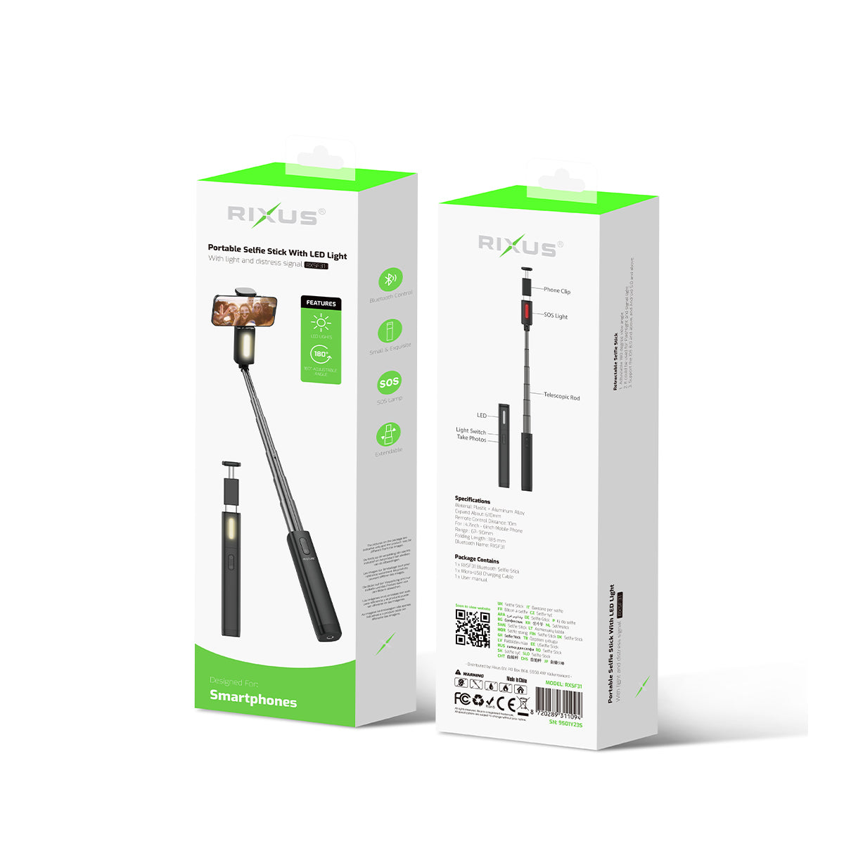Rixus RXSF31 Integrierter Selfie Stick mit LED Lichtern Schwarz