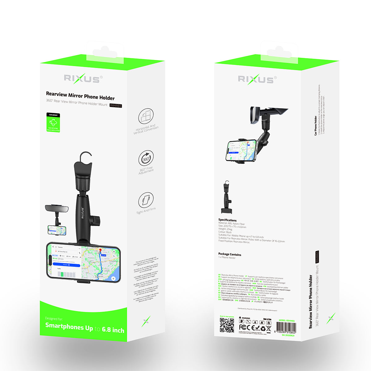 Rixus RXHW65 Support de téléphone pour rétroviseur à 360 degrés Noir