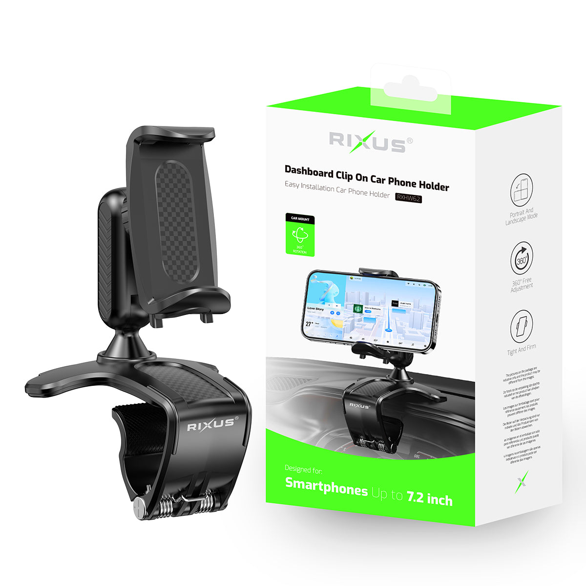 Rixus RXHW62 Support de navigation pour téléphone au tableau de bord pour véhicules automobiles Noir