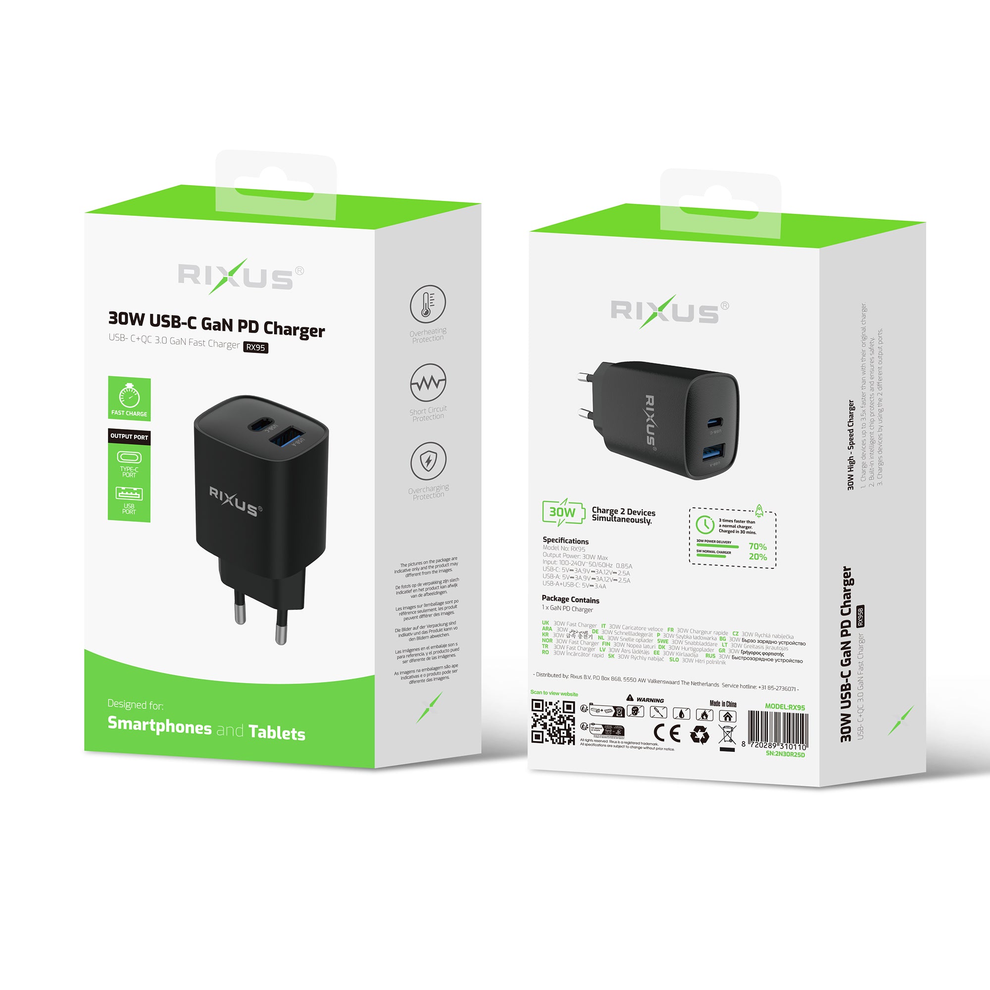 Rixus RX95 Adaptateur de charge rapide 30W Noir