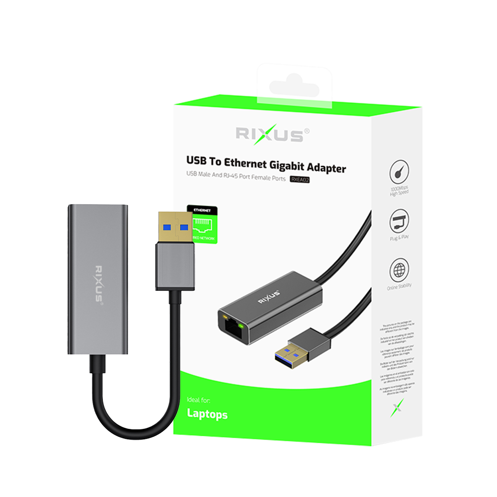 Rixus RXEA02 Carte réseau USB 3.0 Gigabit Connecteur USB vers RJ45 Gris