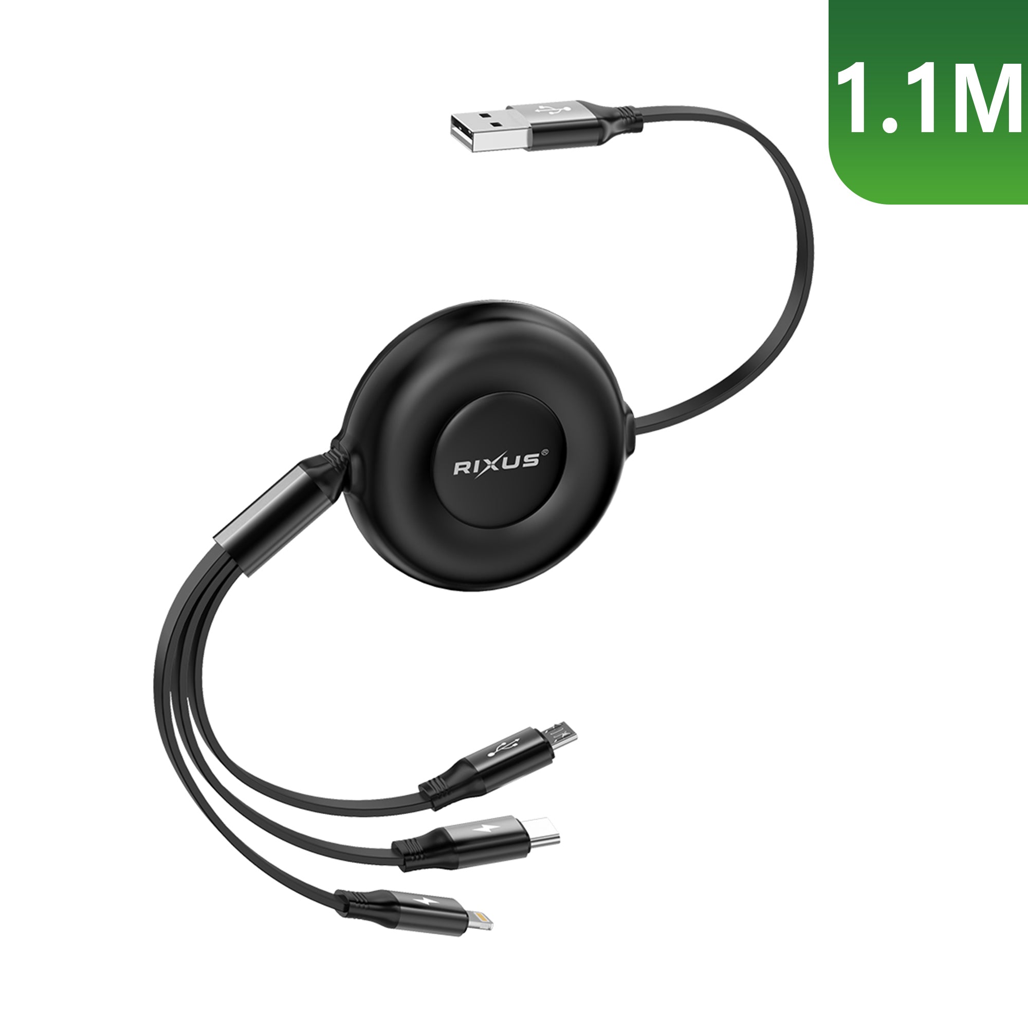 Rixus RXUC25 Multi Charging 3 In 1 Retractable Fast Charger Cable Black (câble de chargement rapide rétractable 3 en 1)
