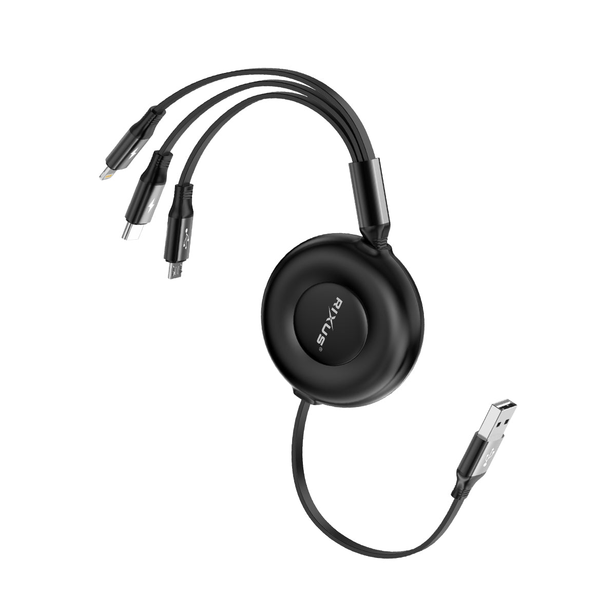 Rixus RXUC25 Multi Charging 3 In 1 Retractable Fast Charger Cable Black (câble de chargement rapide rétractable 3 en 1)