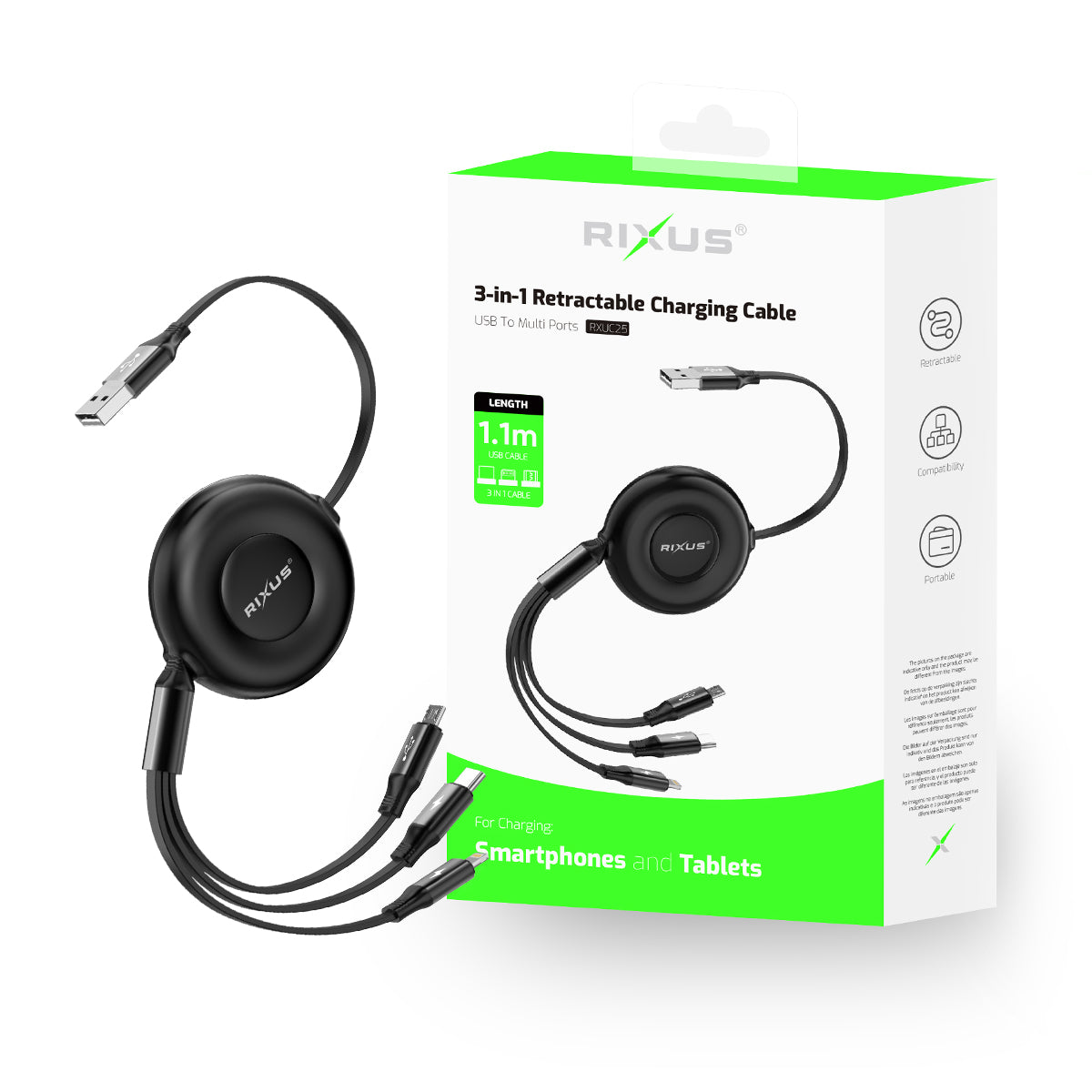 Rixus RXUC25 Multi Charging 3 In 1 Retractable Fast Charger Cable Black (câble de chargement rapide rétractable 3 en 1)