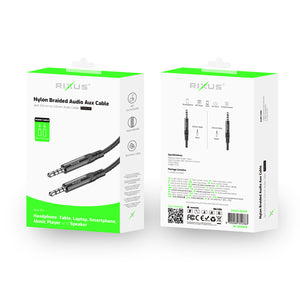 Rixus RXMU35 3.5mm AUX To 3.5mm AUX Braided Audio Cable 1.2m Black (Câble audio tressé de 1,2 m)