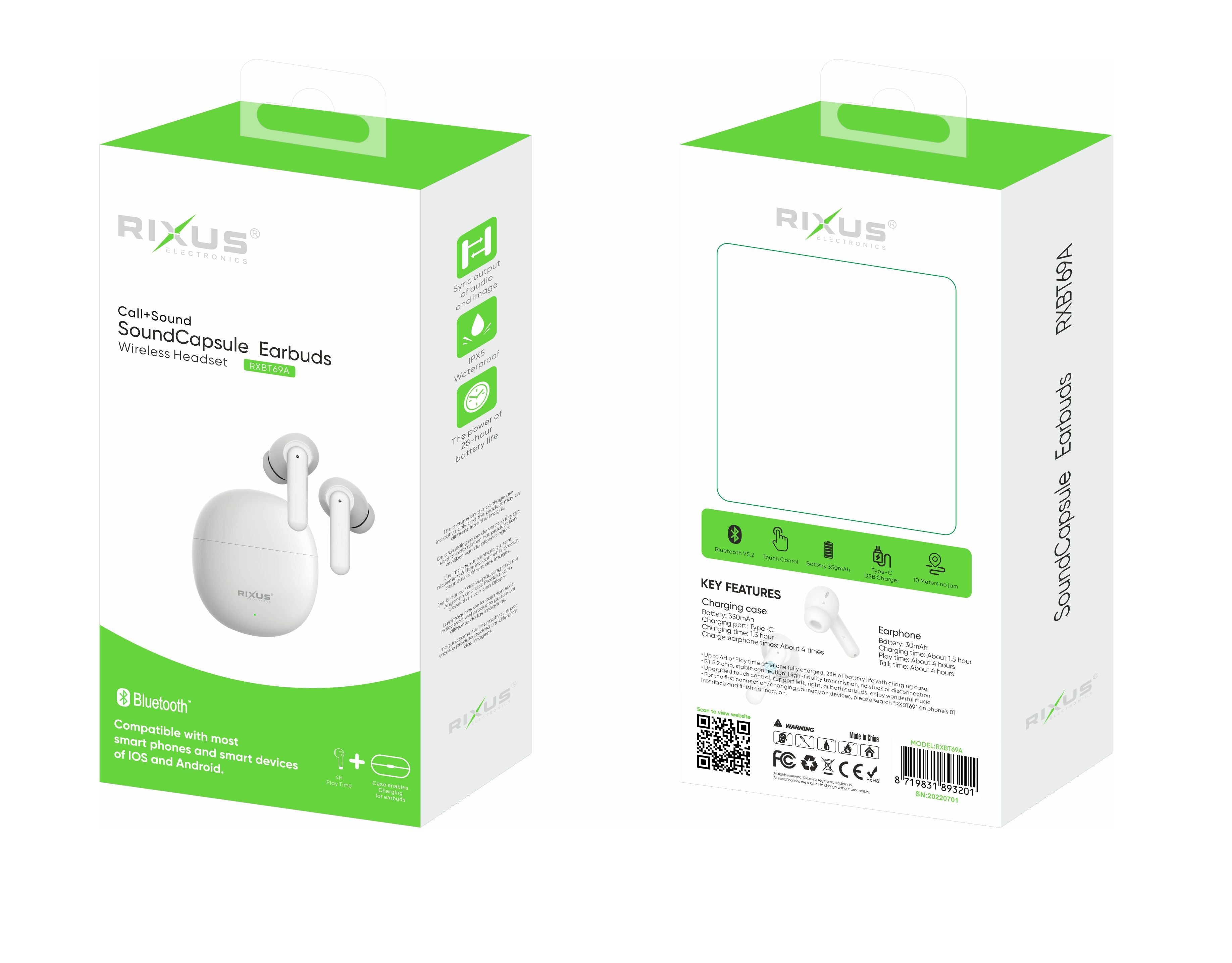 Rixus RXBT69A TWS Earbuds With Charging Case Blanc