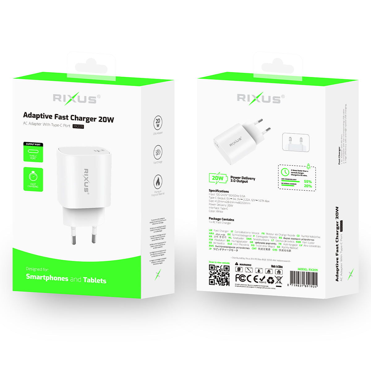 Rixus RX209 Chargeur rapide adaptatif USB-C 20W Blanc