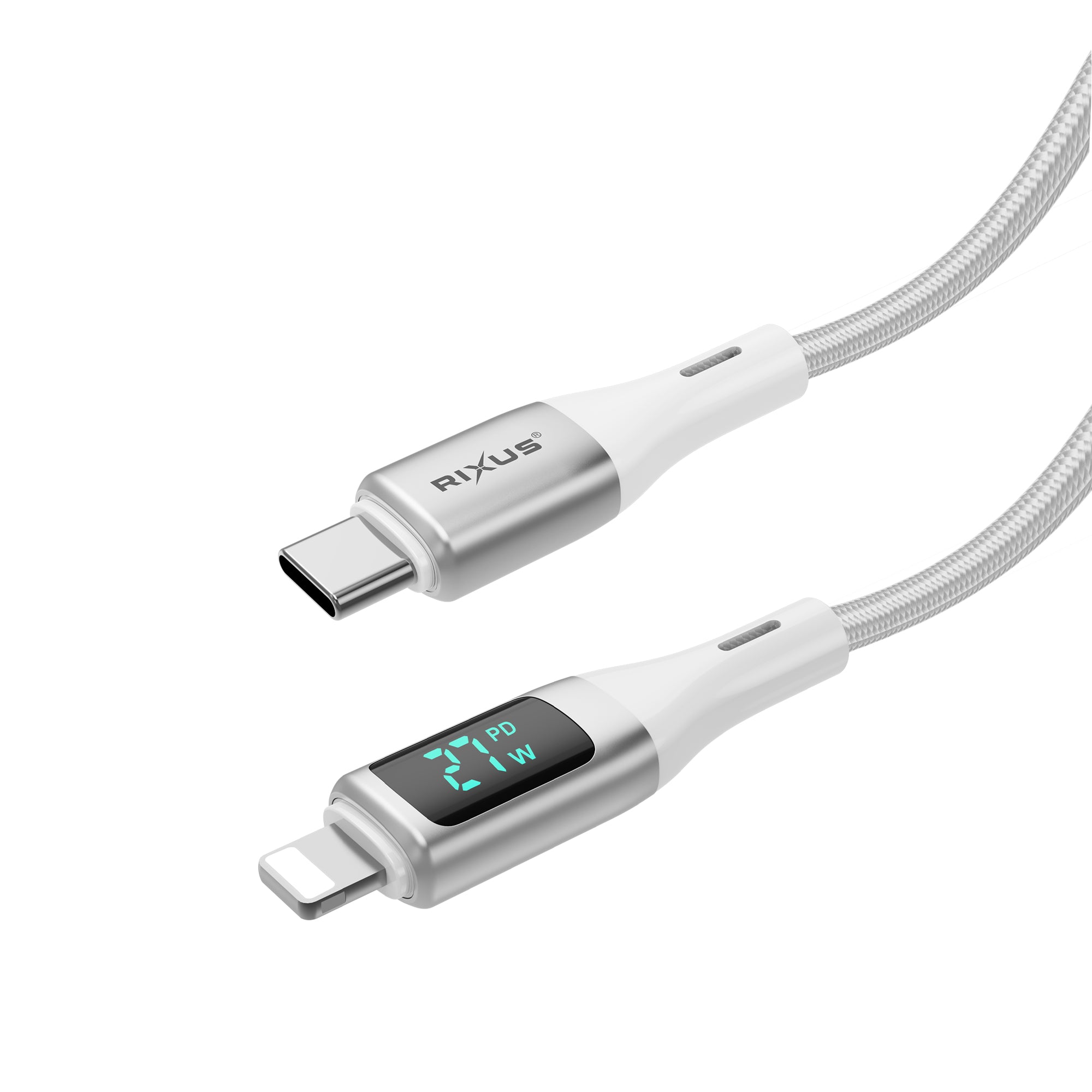Rixus RXUC29AL Braided USB-A To Lightning Connector Cable With LED Display White
