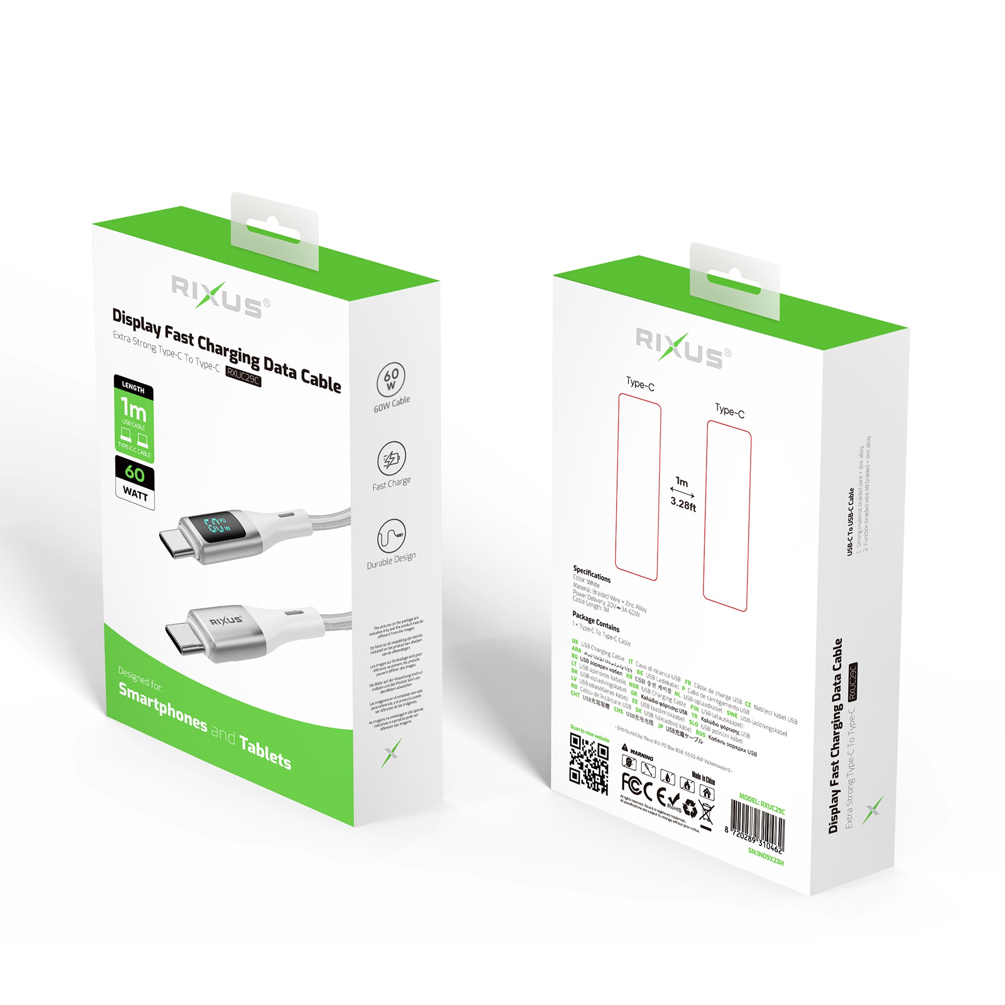 Rixus RXUC29C Câble tressé USB-C vers USB-C avec affichage LED Blanc