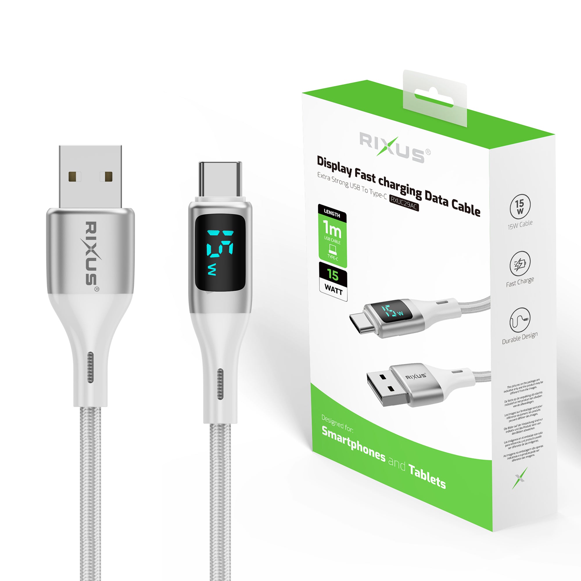 Rixus RXUC29AC Câble tressé USB-A vers USB-C avec affichage LED Blanc