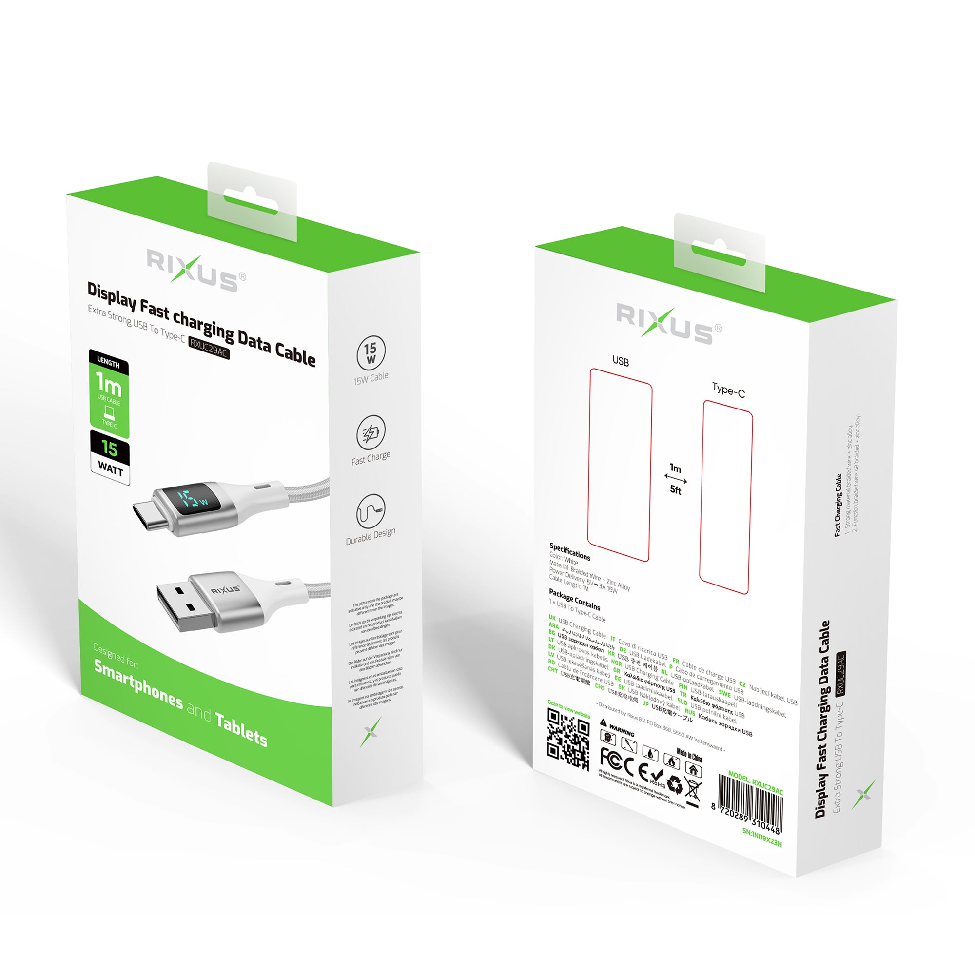 Rixus RXUC29AC Câble tressé USB-A vers USB-C avec affichage LED Blanc