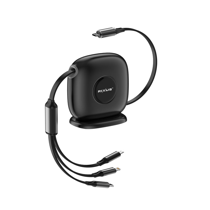 Rixus RXUC61 Câble rétractable 3 en 1 Chargeur rapide USB-C de bureau 1,7m 100W Noir