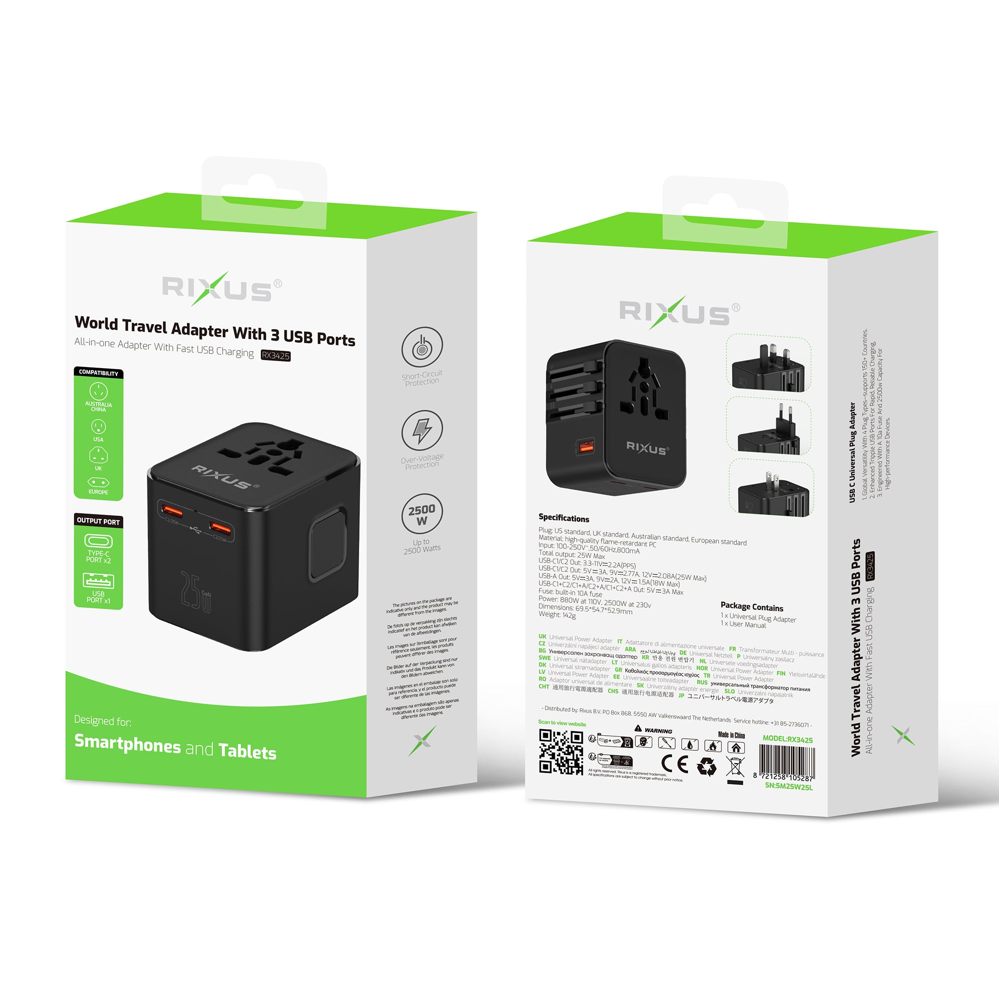 Rixus RX3425 Adaptateur de voyage mondial 25W avec 3 ports USB Noir