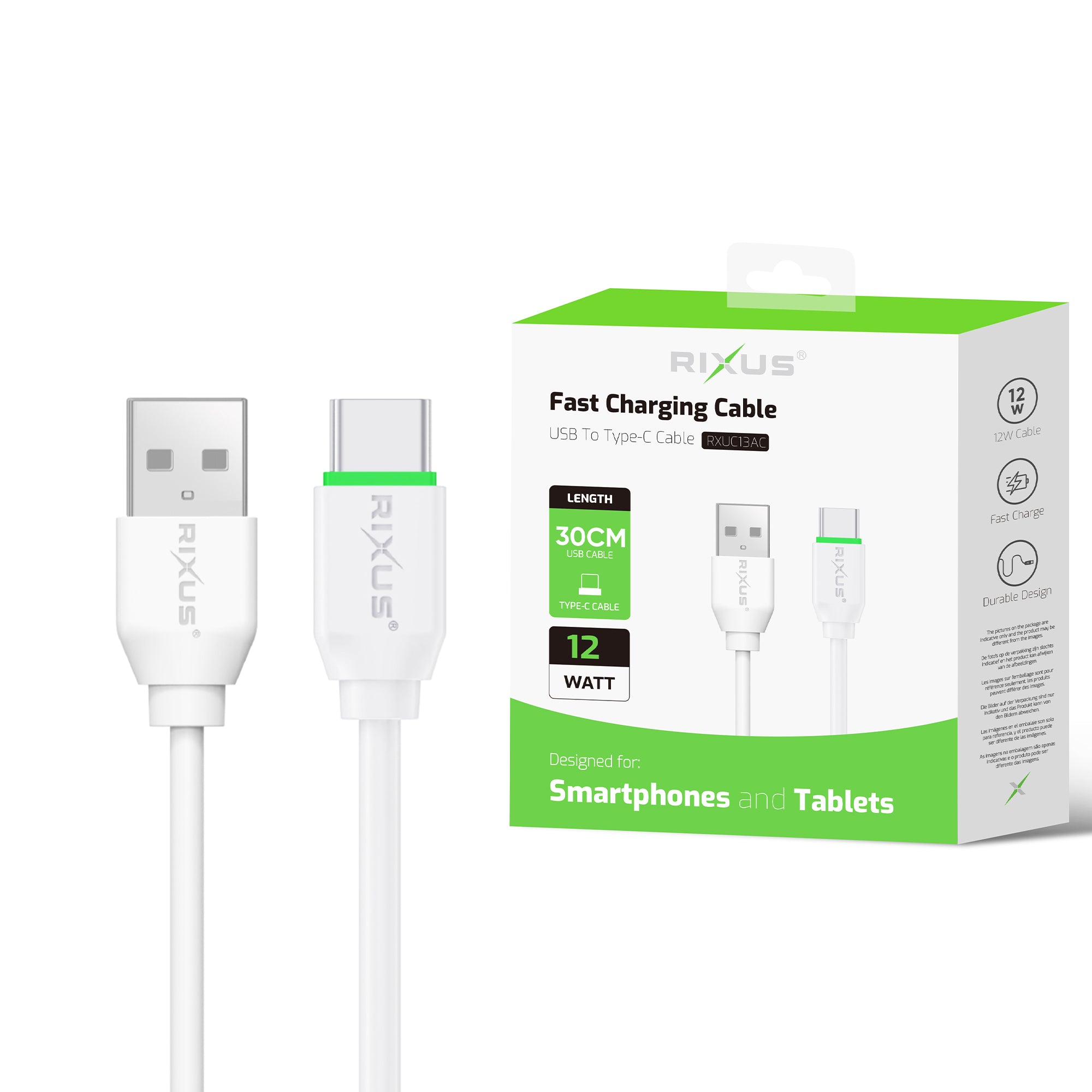 Rixus RXUC13AC Câble de charge USB-A vers USB-C 30cm Blanc
