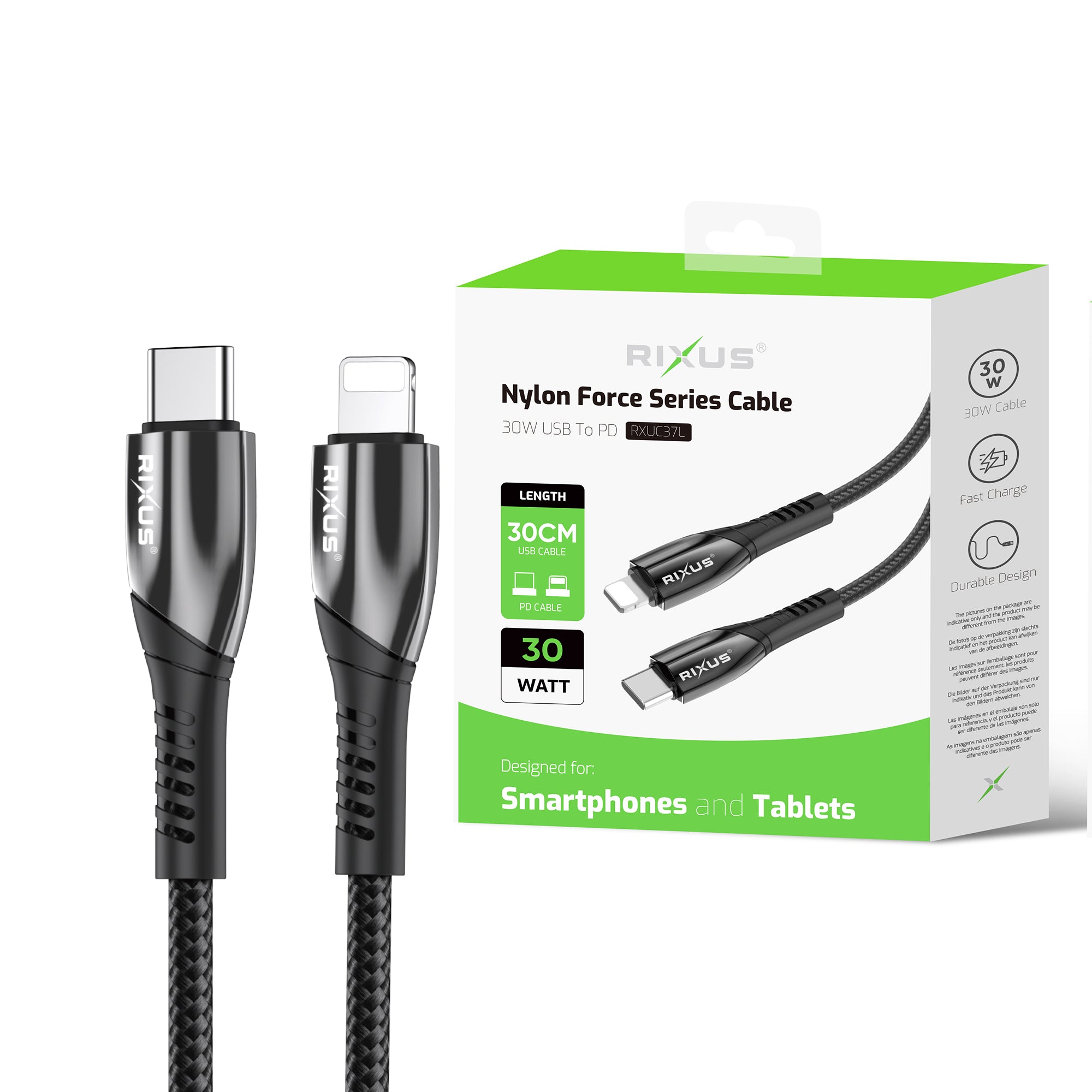 Rixus RXUC37L Fast Charging Cable USB-C To Lightning Connector Nylon 30cm Black