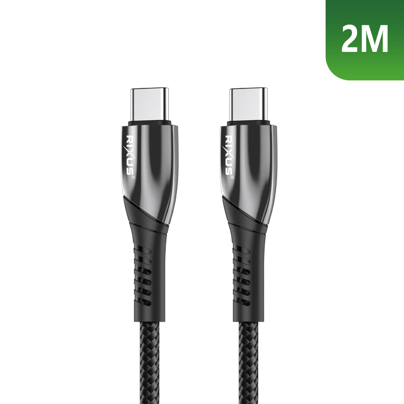 Rixus RXUC38C Fast Charging Cable USB-C To USB-C Braided Nylon 2m Black (Câble de charge rapide USB-C vers USB-C en nylon tressé)