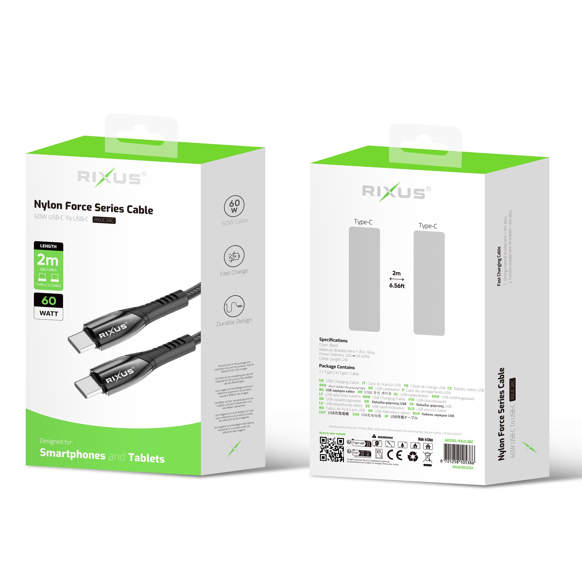 Rixus RXUC38C Fast Charging Cable USB-C To USB-C Braided Nylon 2m Black (Câble de charge rapide USB-C vers USB-C en nylon tressé)