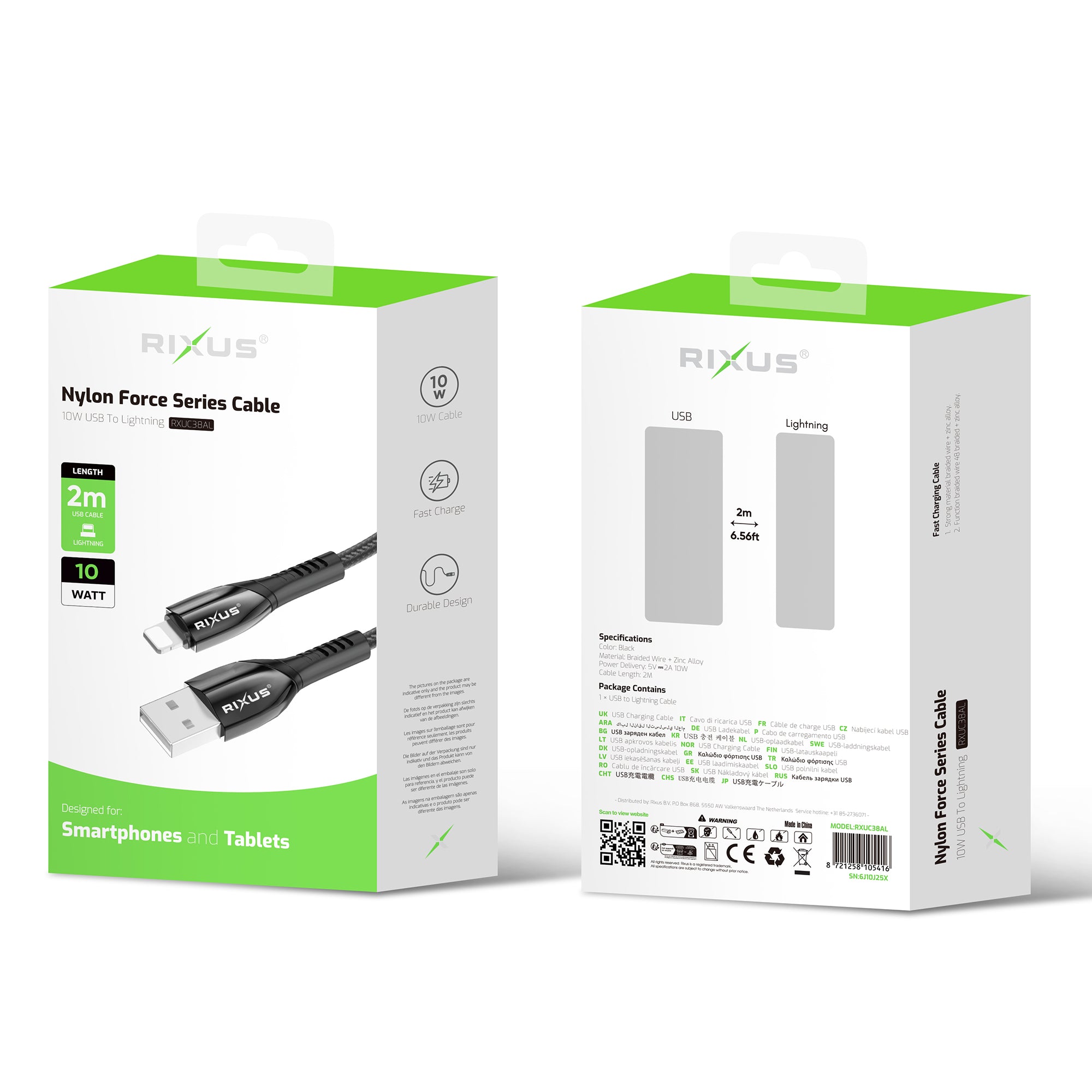 Rixus RXUC38AL Charging Cable USB-A To Lightning Connector Nylon 2m Black