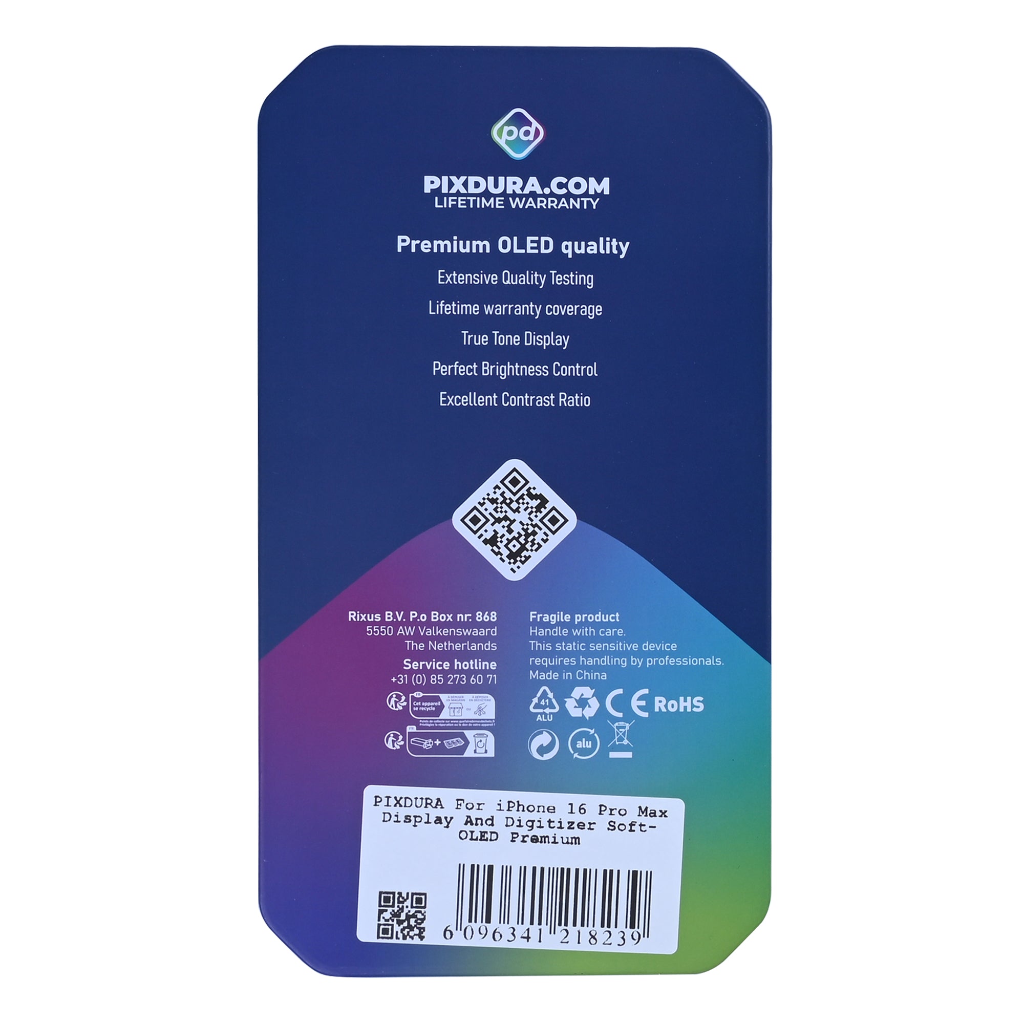 PIXDURA For Apple 16 Pro Max Écran et numériseur Soft-OLED (IC amovible) (120 Hz)