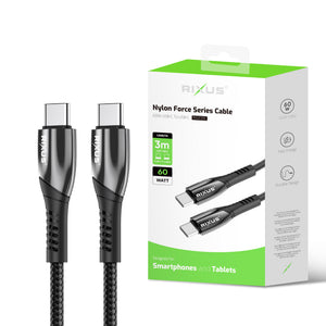 Rixus RXUC39C Fast Charging Cable USB-C To USB-C Braided Nylon 3m Black (Câble de charge rapide USB-C vers USB-C en nylon tressé)