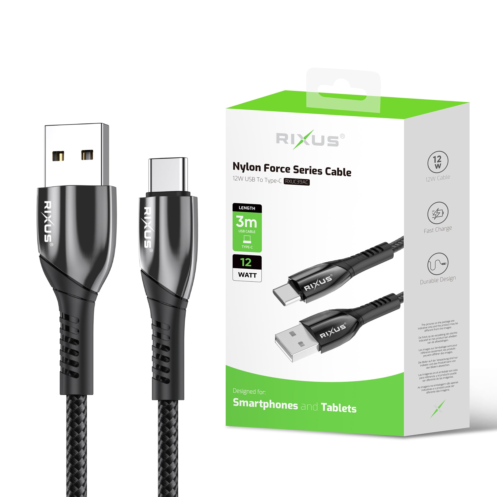 Rixus RXUC39AC Câble de charge USB-A vers USB-C Nylon tressé 3m Noir