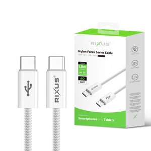 Rixus RXUC08C Fast Charging Cable USB-C To USB-C Cable Braided Nylon 1.8m White (câble de charge rapide USB-C vers USB-C en nylon tressé)
