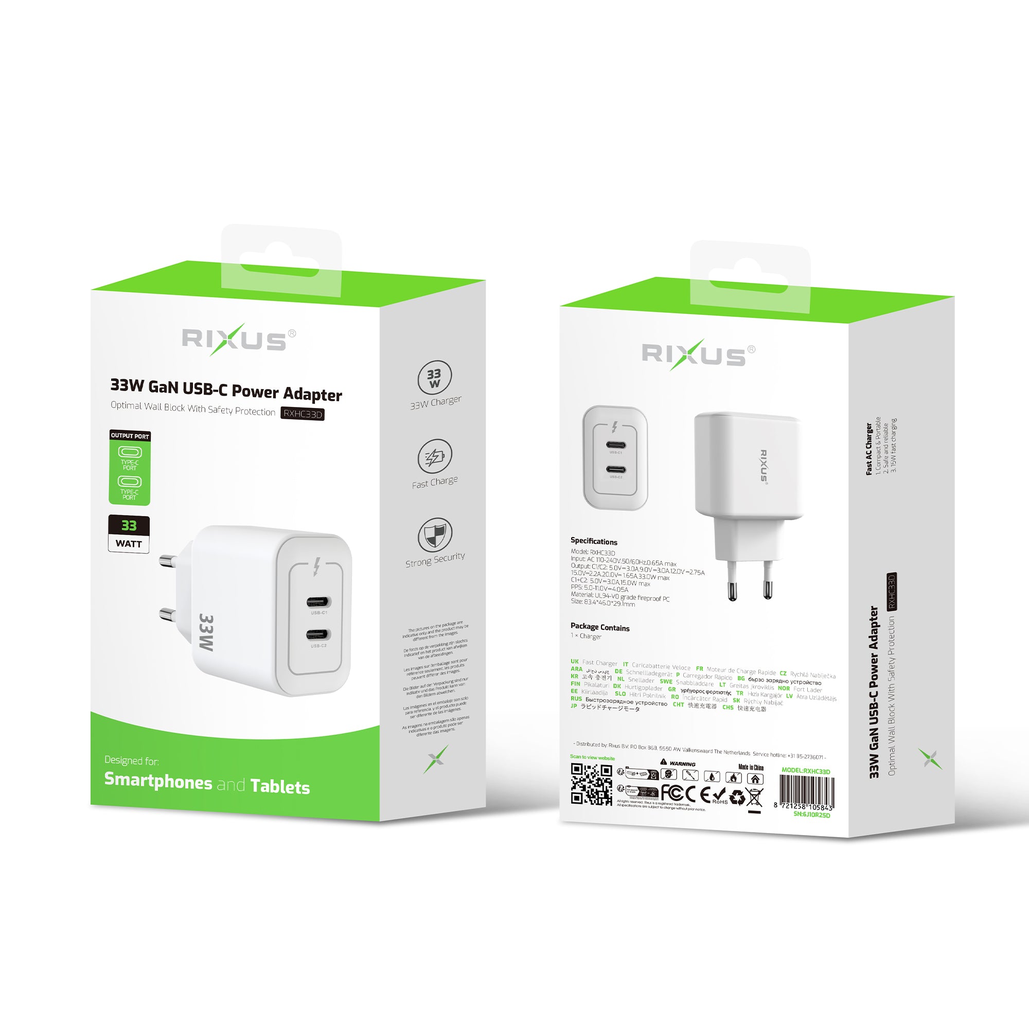 Rixus RXHC33D GaN Double USB-C Power Adapter 33W Blanc