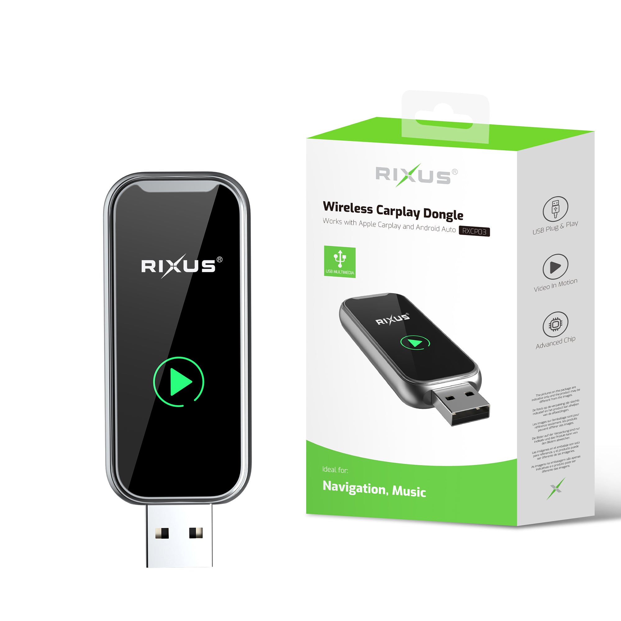 Rixus RXCP03 Wireless Carplay Dongle Metallic Gray (Dongle Carplay sans fil gris métallisé)