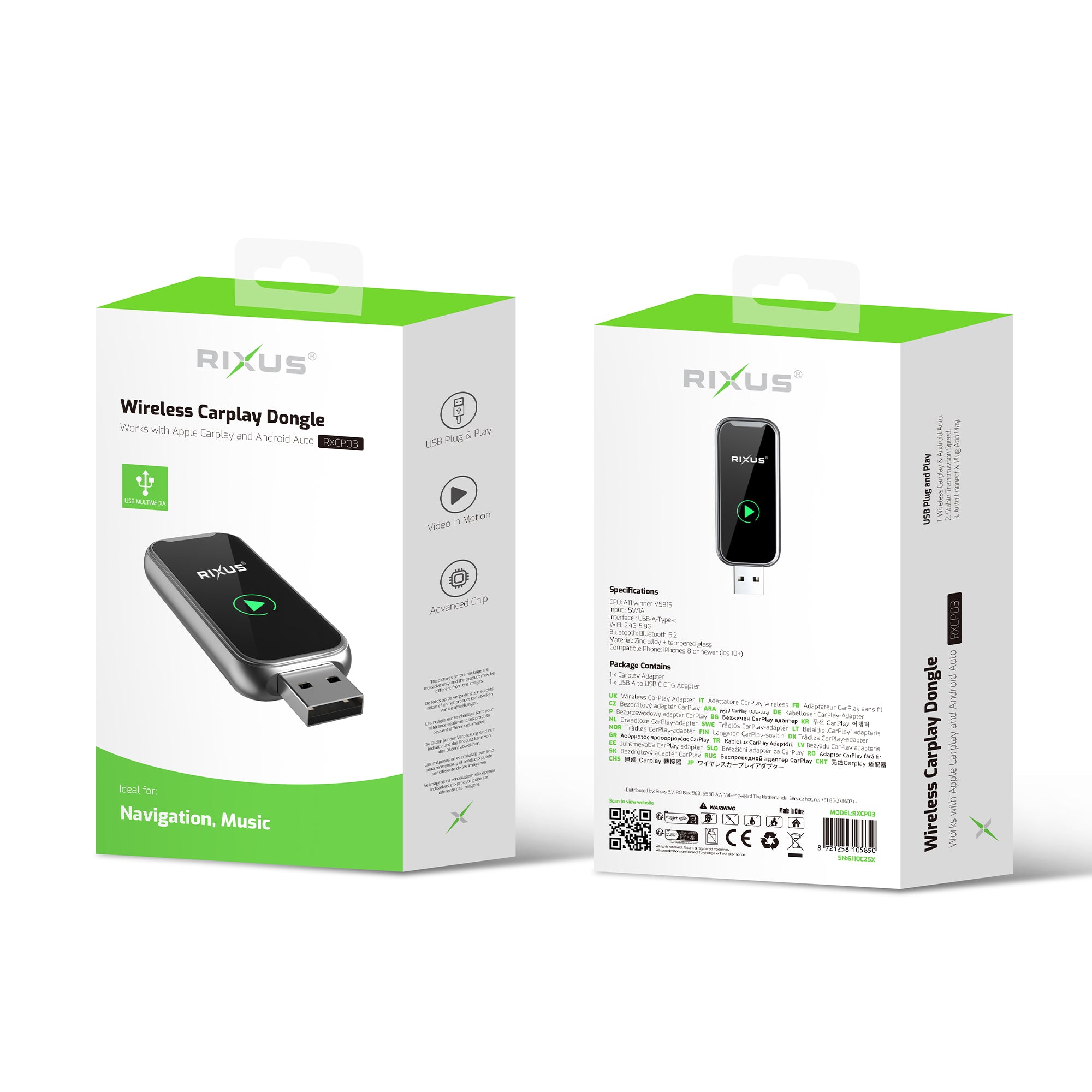 Rixus RXCP03 Wireless Carplay Dongle Metallic Gray (Dongle Carplay sans fil gris métallisé)