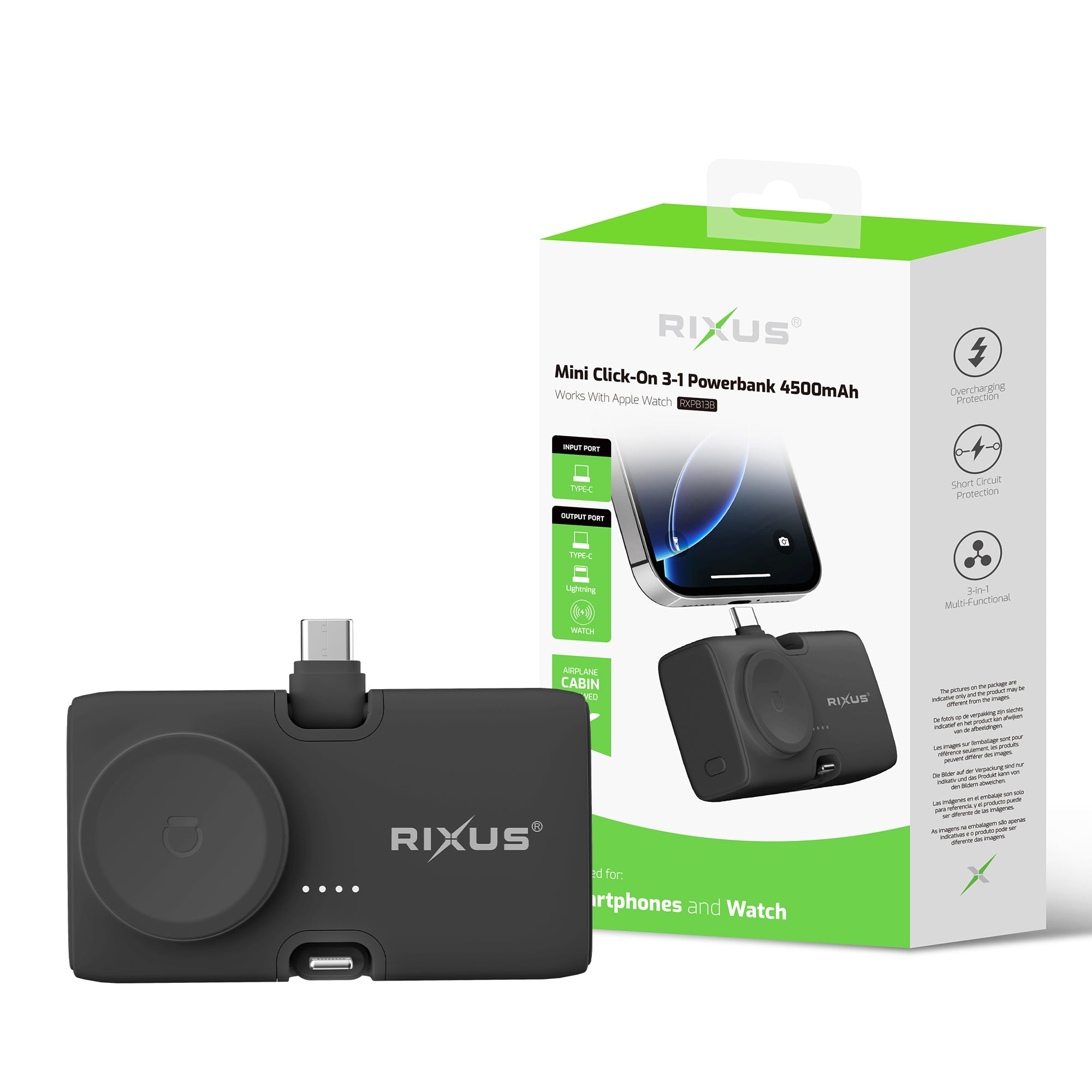 Rixus RXPB13B Mini Click-On 3 en 1 Powerbank 4500mAh Noir