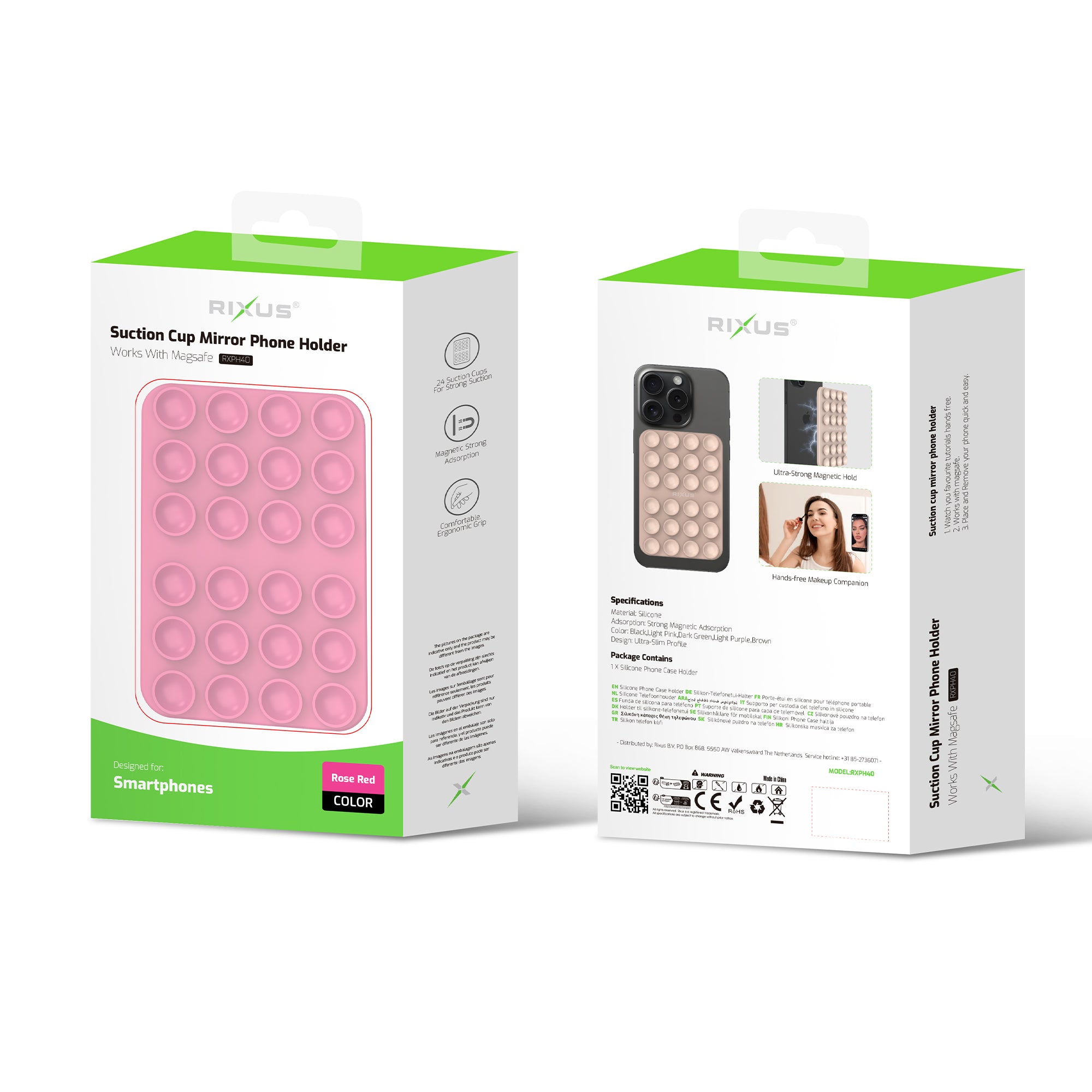 Rixus RXPH40L Support de téléphone avec miroir à ventouse Rouge rosé