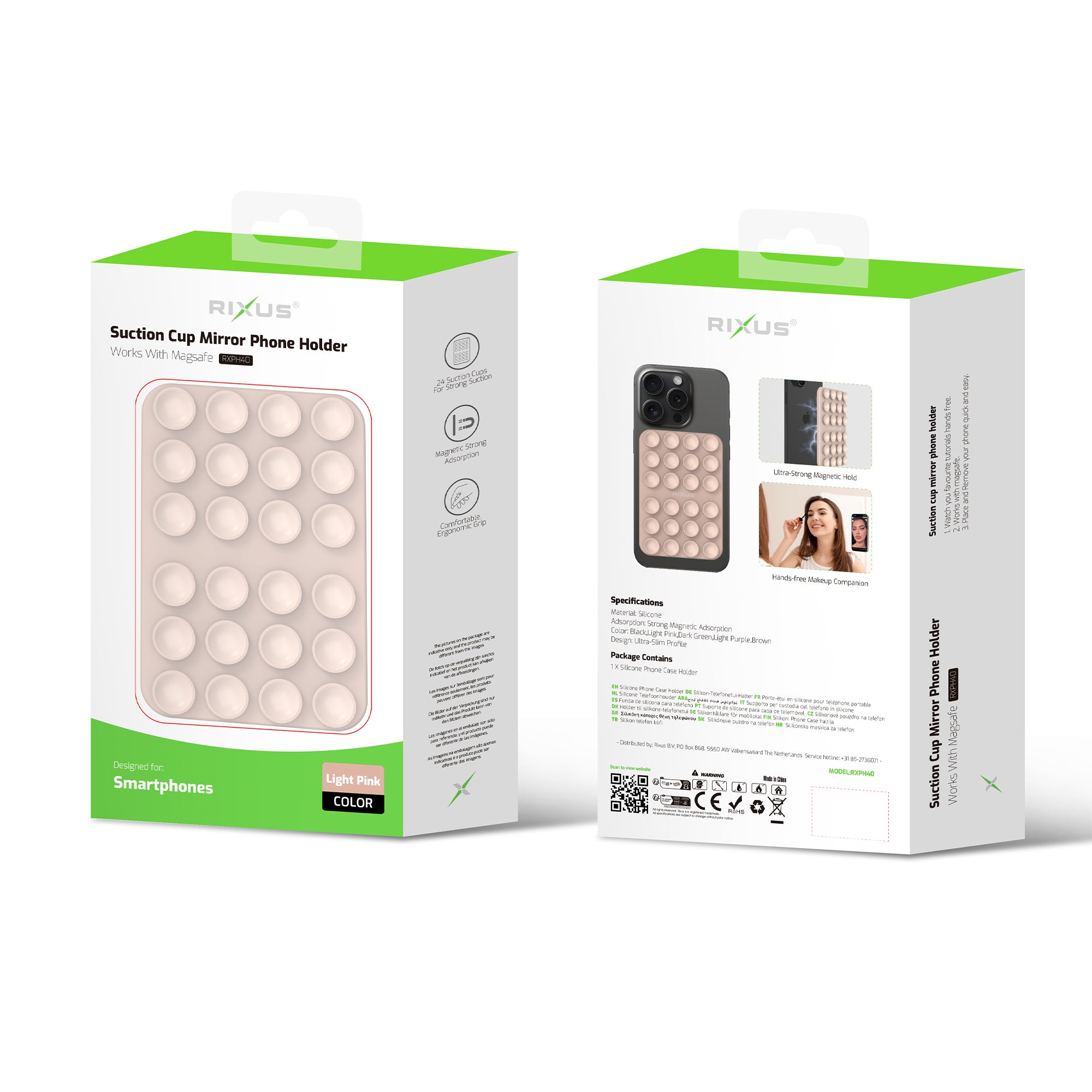 Rixus RXPH40 Support de téléphone avec miroir à ventouse Rose clair